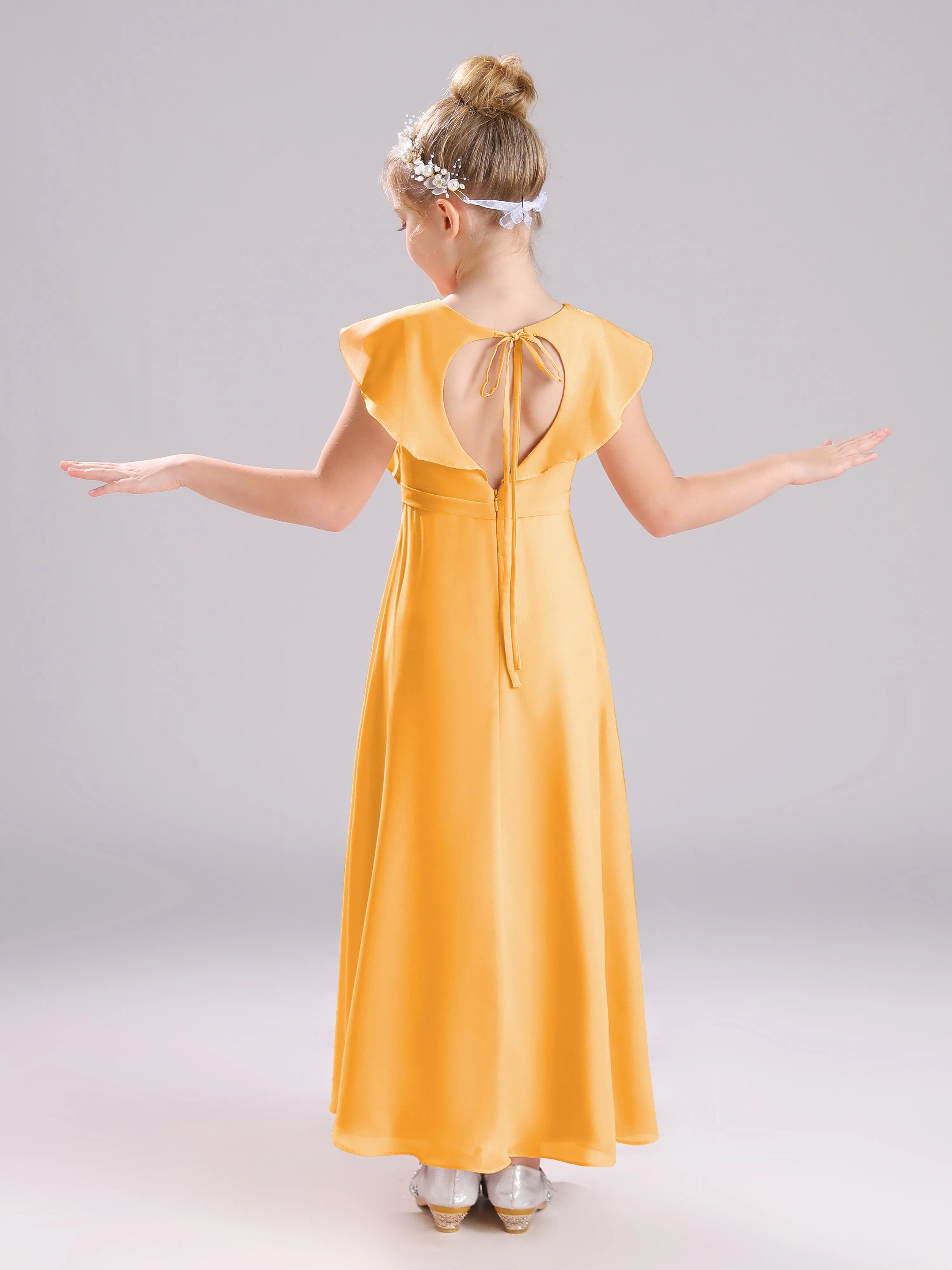 Cap Sleeves V-Neck Open Back Chiffon Junior Bridesmaid Dresses