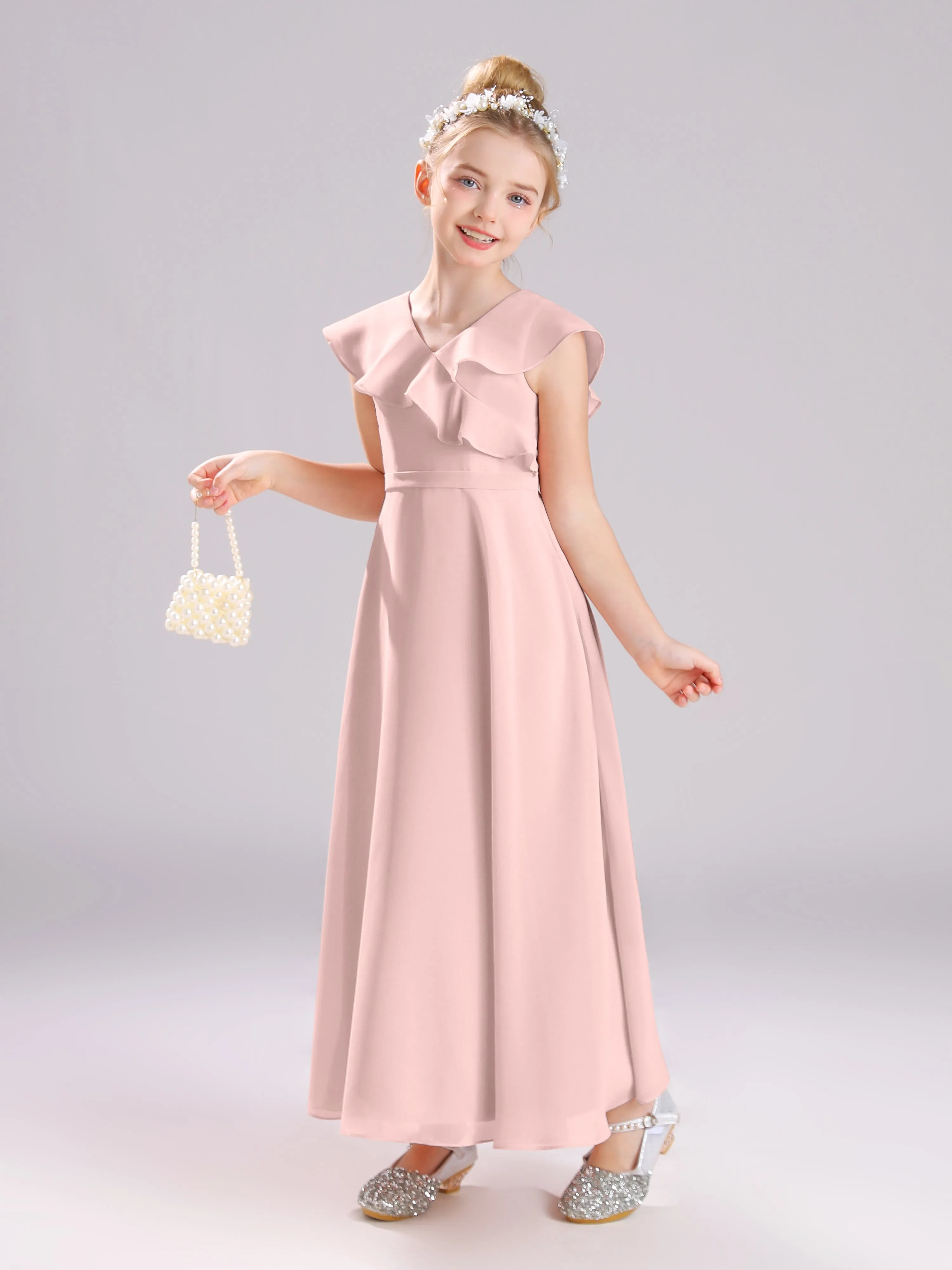 Cap Sleeves V-Neck Open Back Chiffon Junior Bridesmaid Dresses