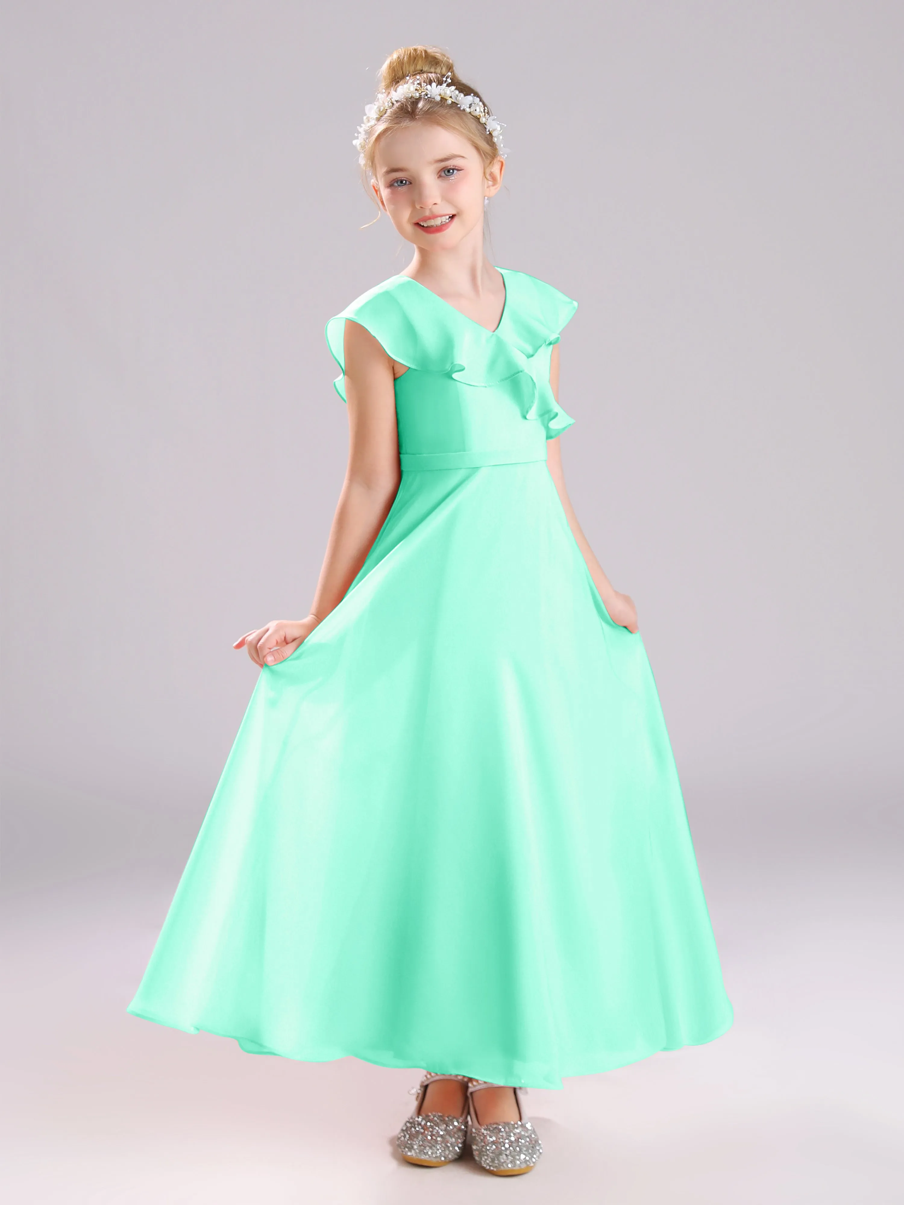 Cap Sleeves V-Neck Open Back Chiffon Junior Bridesmaid Dresses