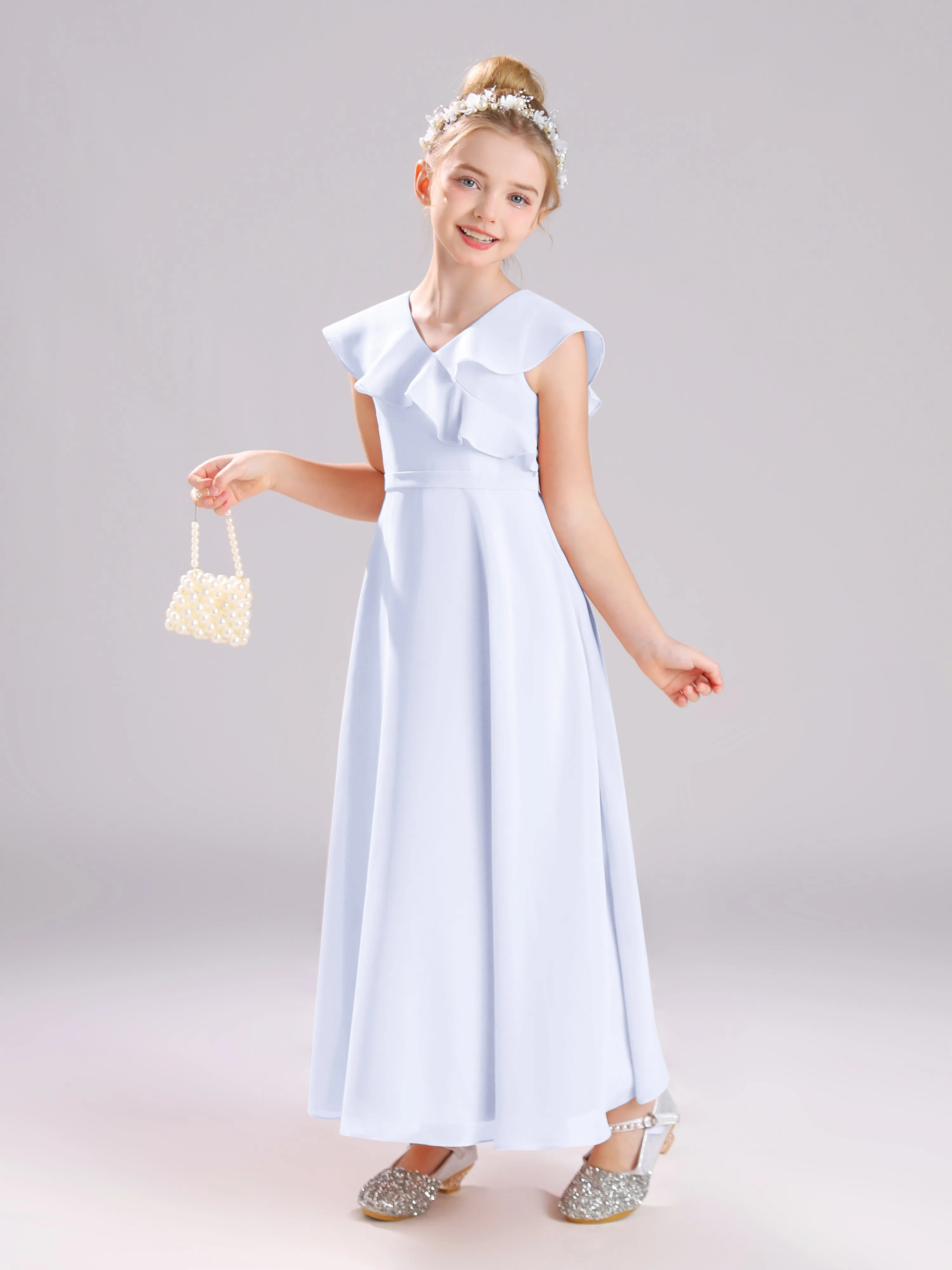 Cap Sleeves V-Neck Open Back Chiffon Junior Bridesmaid Dresses