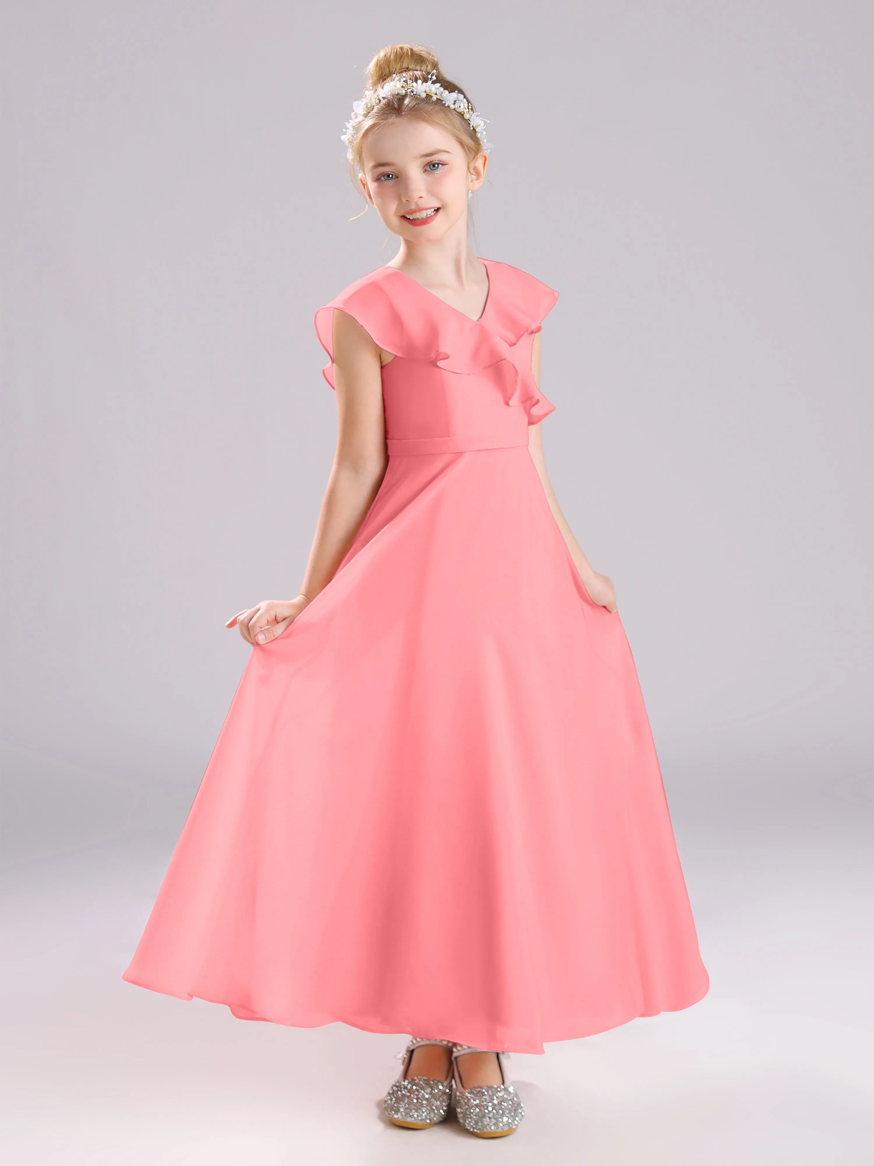 Cap Sleeves V-Neck Open Back Chiffon Junior Bridesmaid Dresses