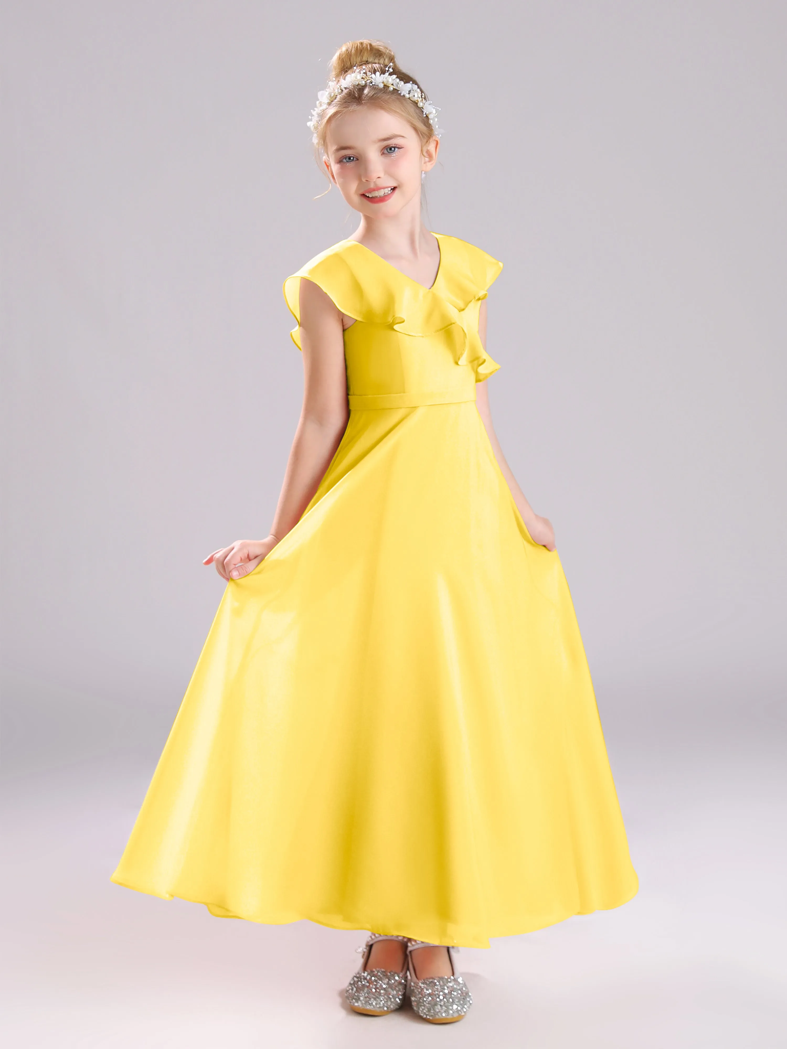 Cap Sleeves V-Neck Open Back Chiffon Junior Bridesmaid Dresses