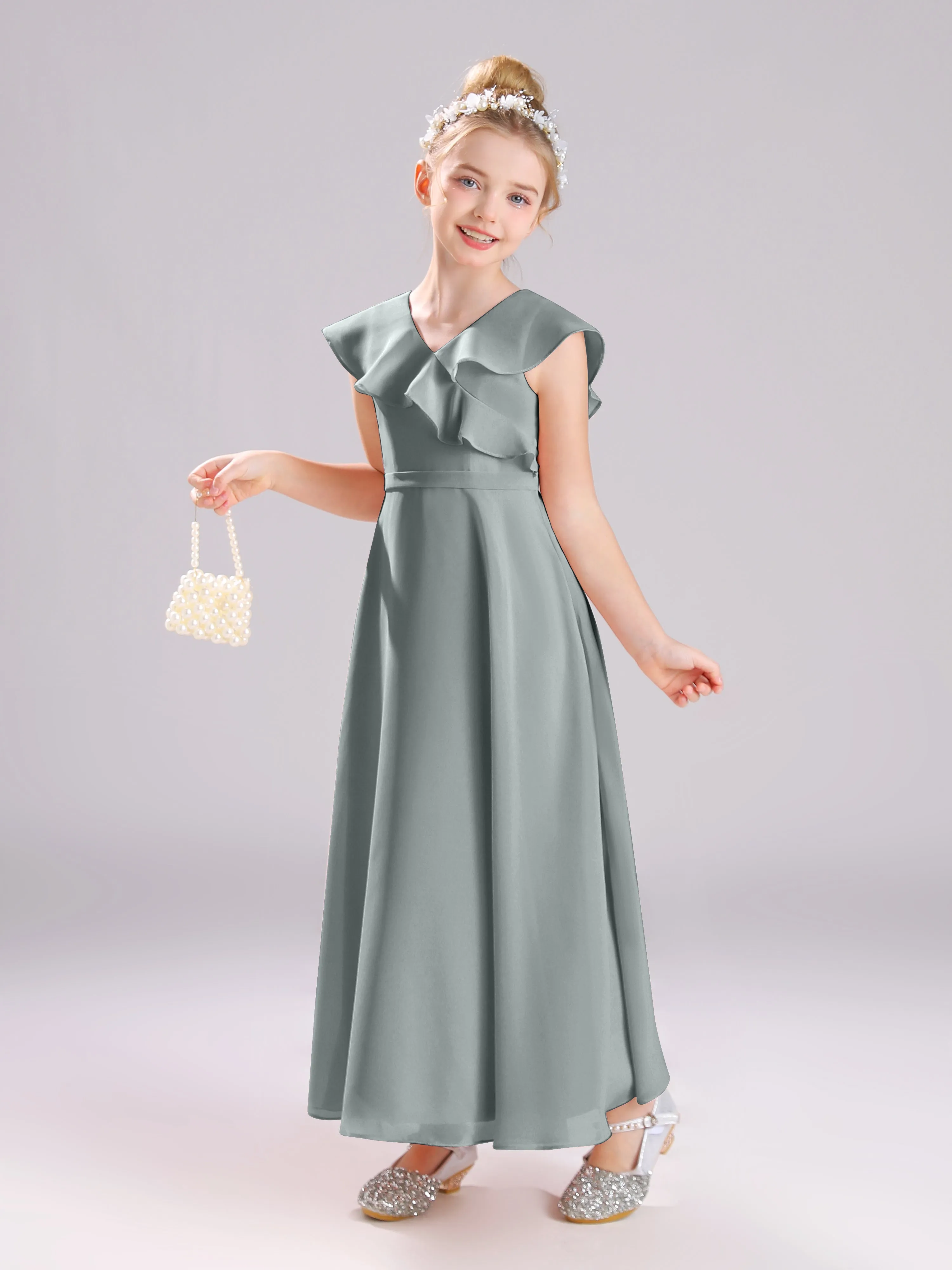 Cap Sleeves V-Neck Open Back Chiffon Junior Bridesmaid Dresses