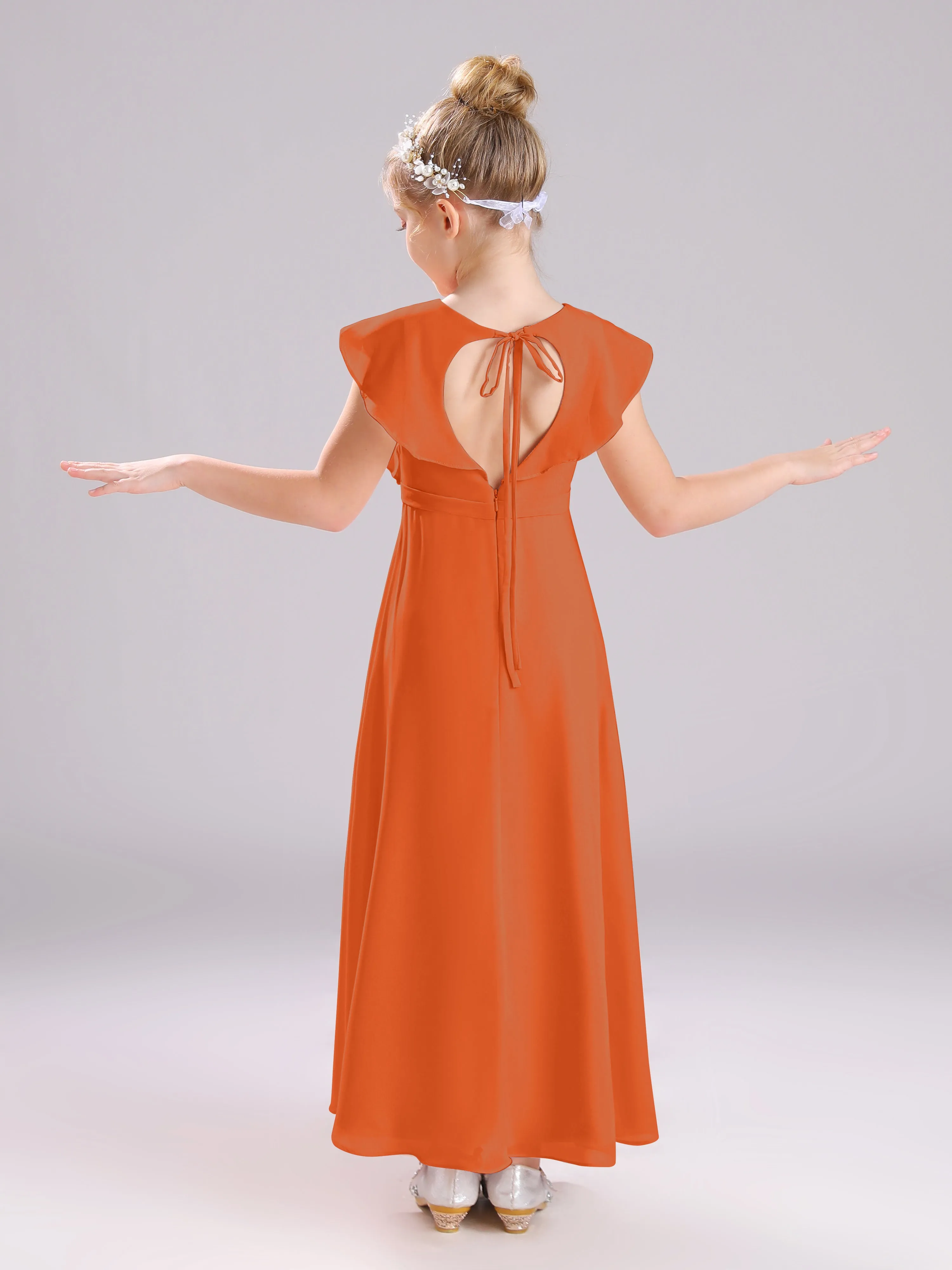 Cap Sleeves V-Neck Open Back Chiffon Junior Bridesmaid Dresses