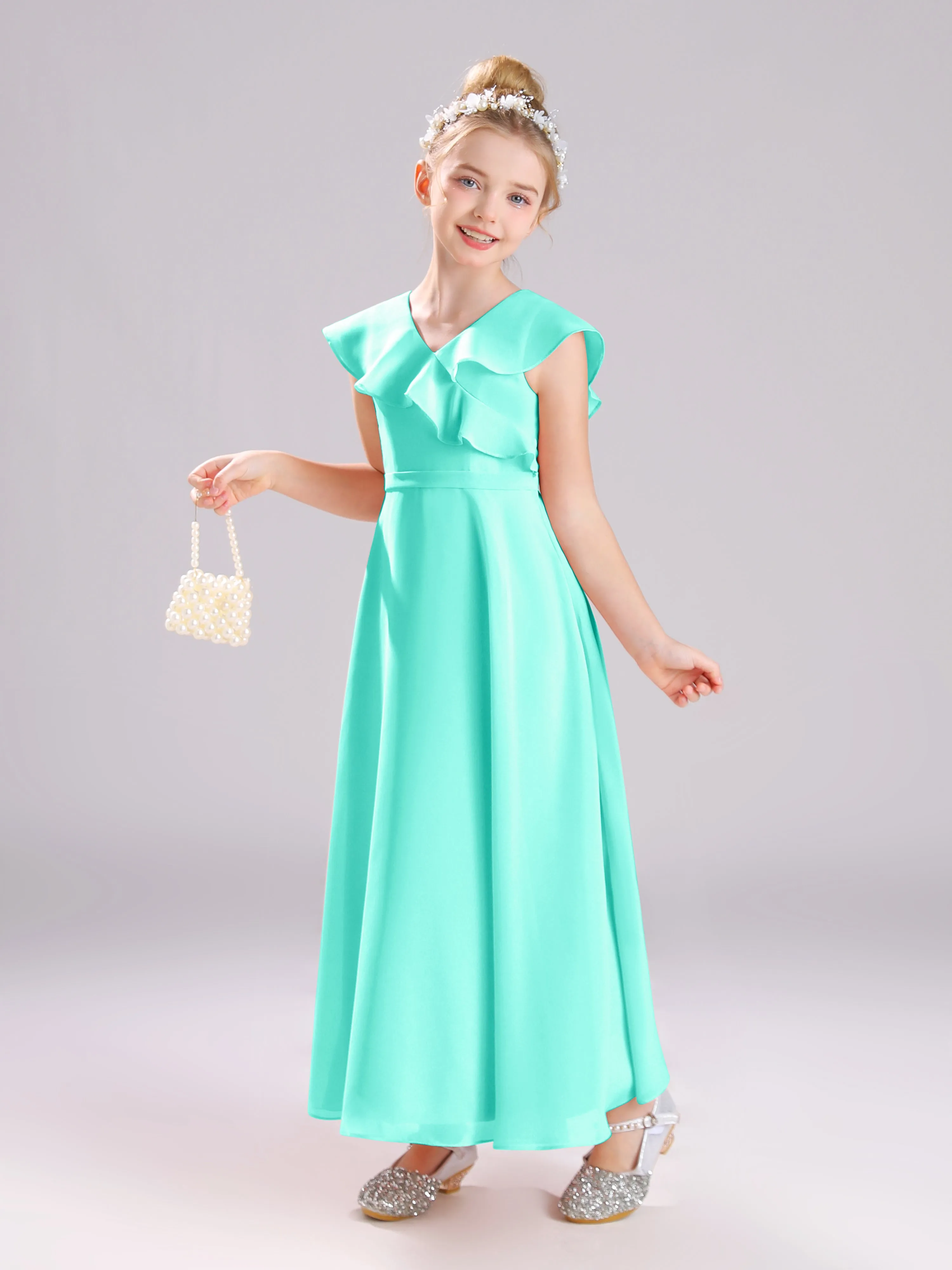 Cap Sleeves V-Neck Open Back Chiffon Junior Bridesmaid Dresses