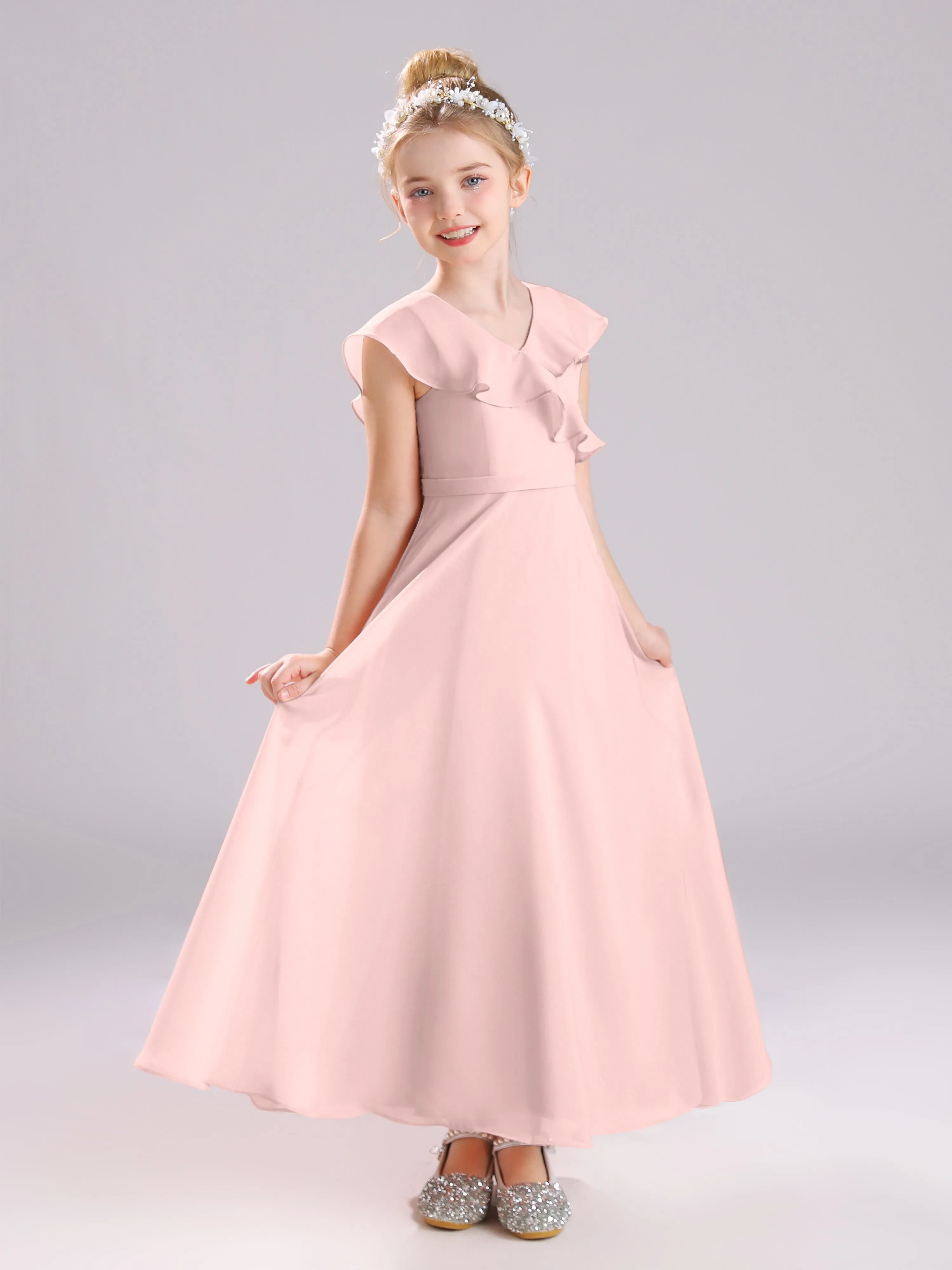 Cap Sleeves V-Neck Open Back Chiffon Junior Bridesmaid Dresses