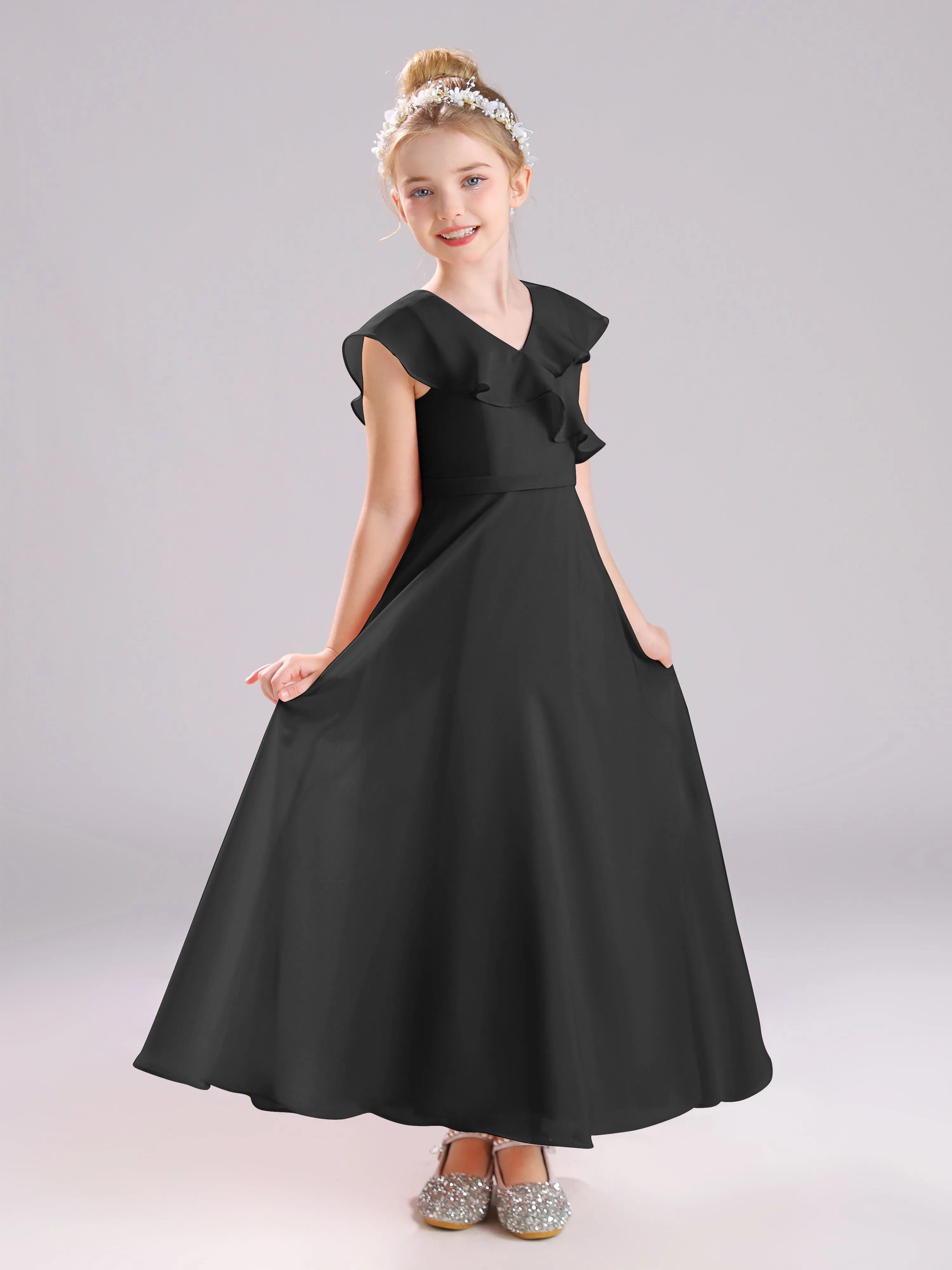 Cap Sleeves V-Neck Open Back Chiffon Junior Bridesmaid Dresses