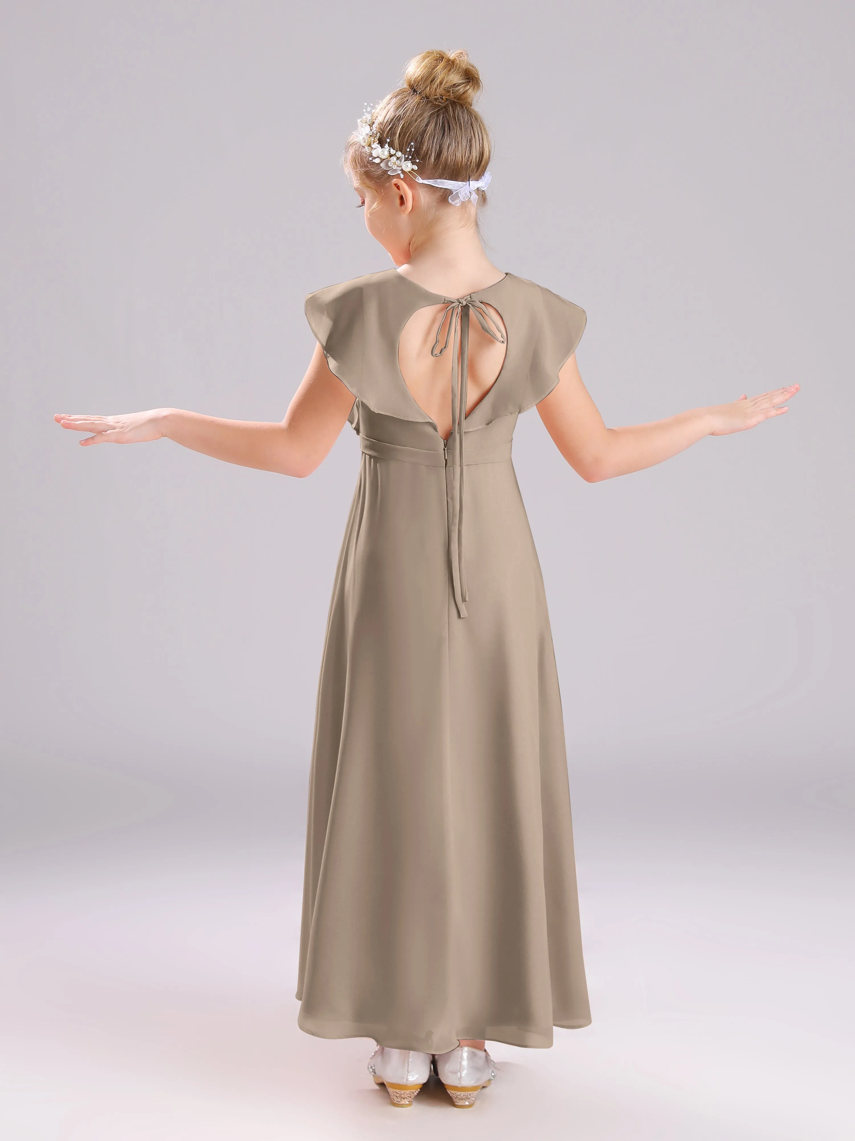 Cap Sleeves V-Neck Open Back Chiffon Junior Bridesmaid Dresses