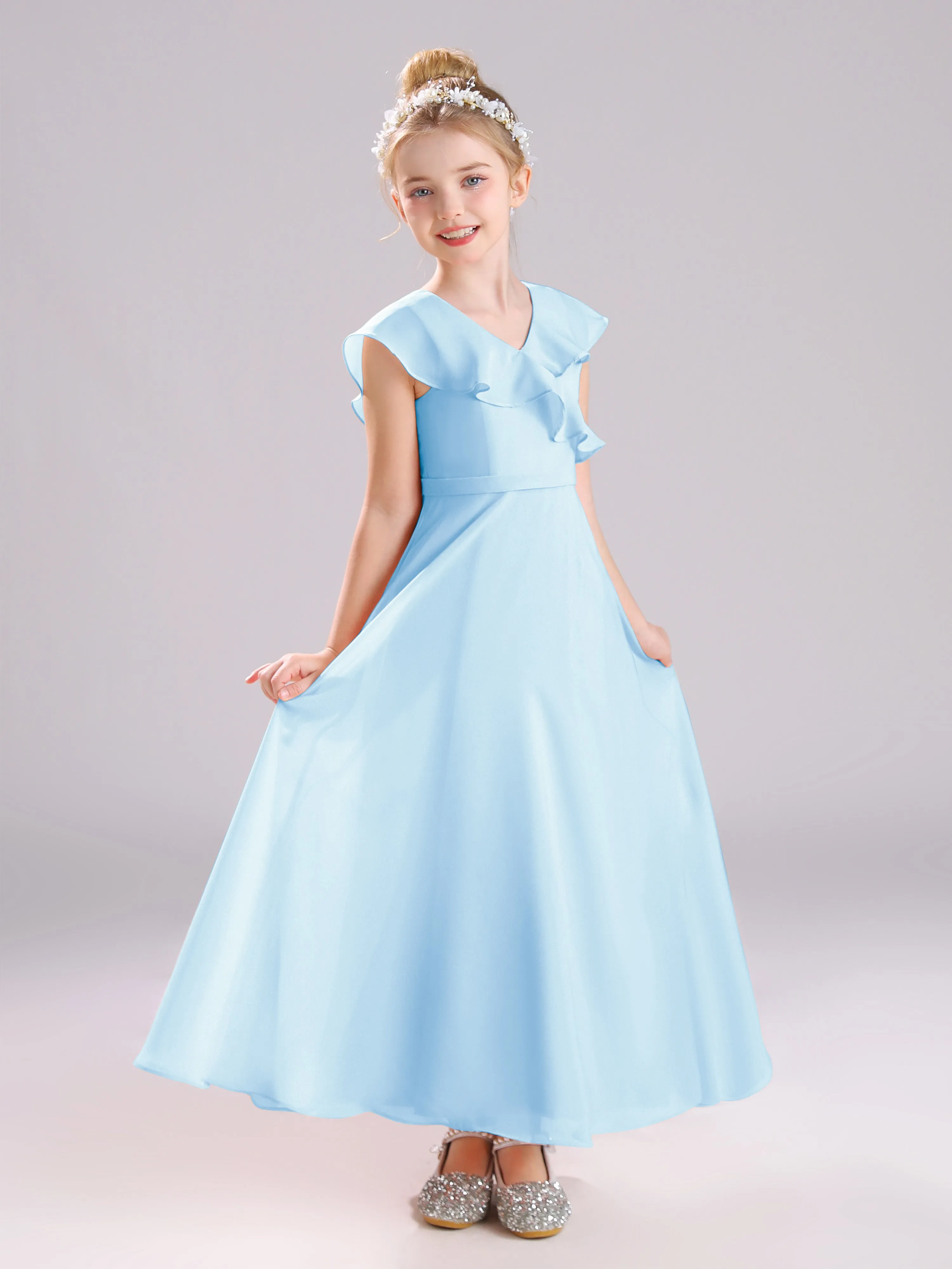Cap Sleeves V-Neck Open Back Chiffon Junior Bridesmaid Dresses