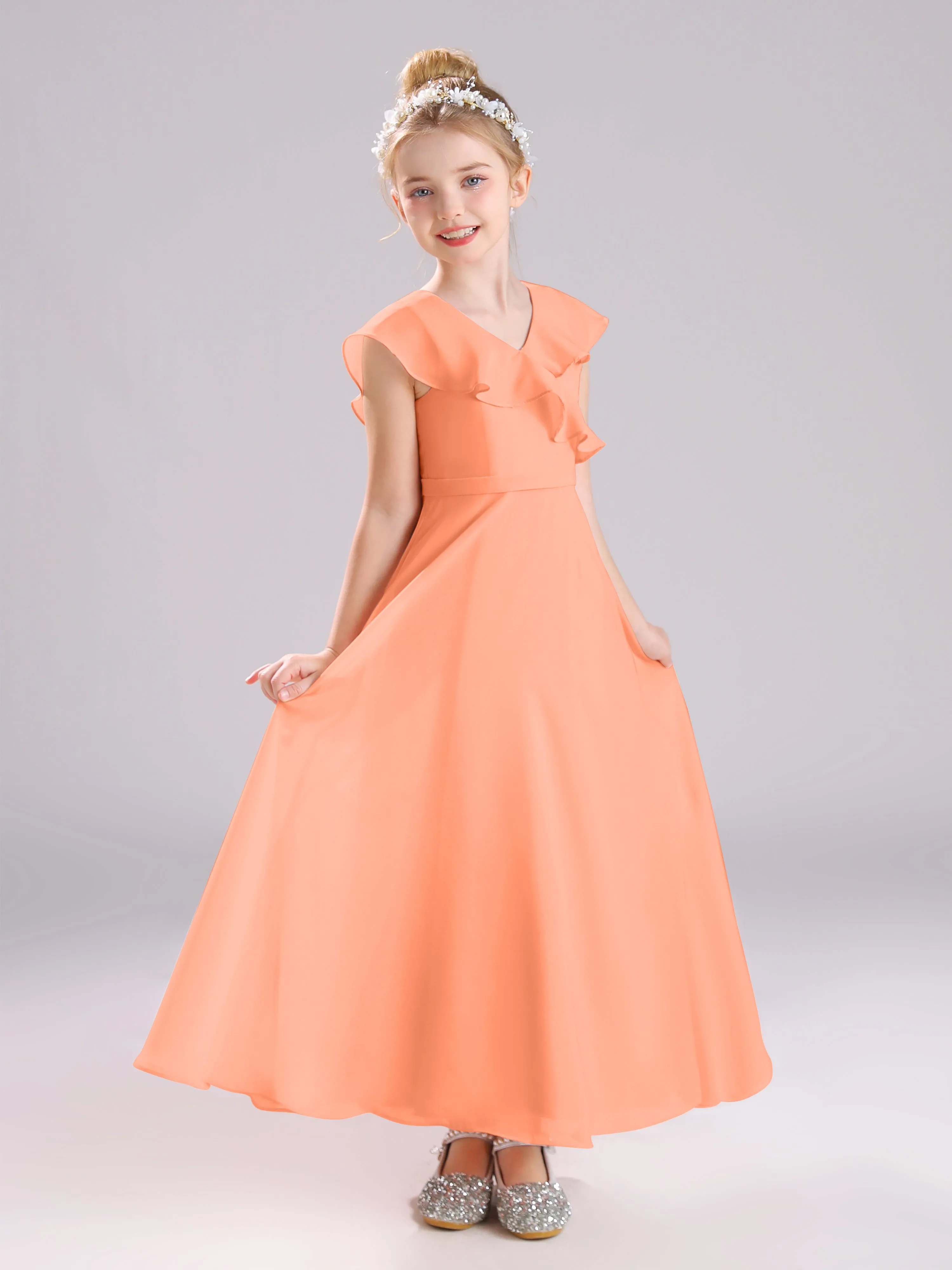 Cap Sleeves V-Neck Open Back Chiffon Junior Bridesmaid Dresses
