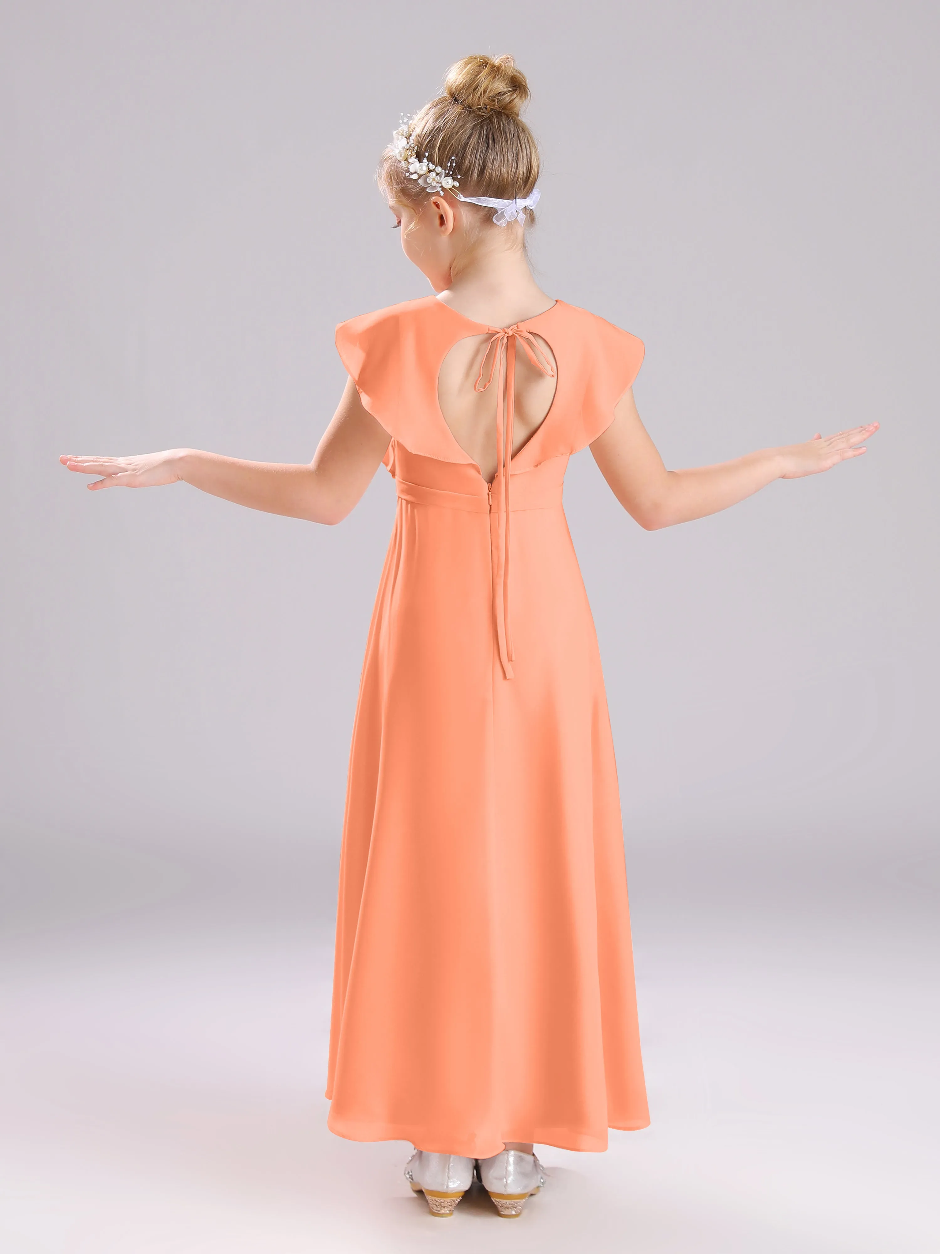 Cap Sleeves V-Neck Open Back Chiffon Junior Bridesmaid Dresses