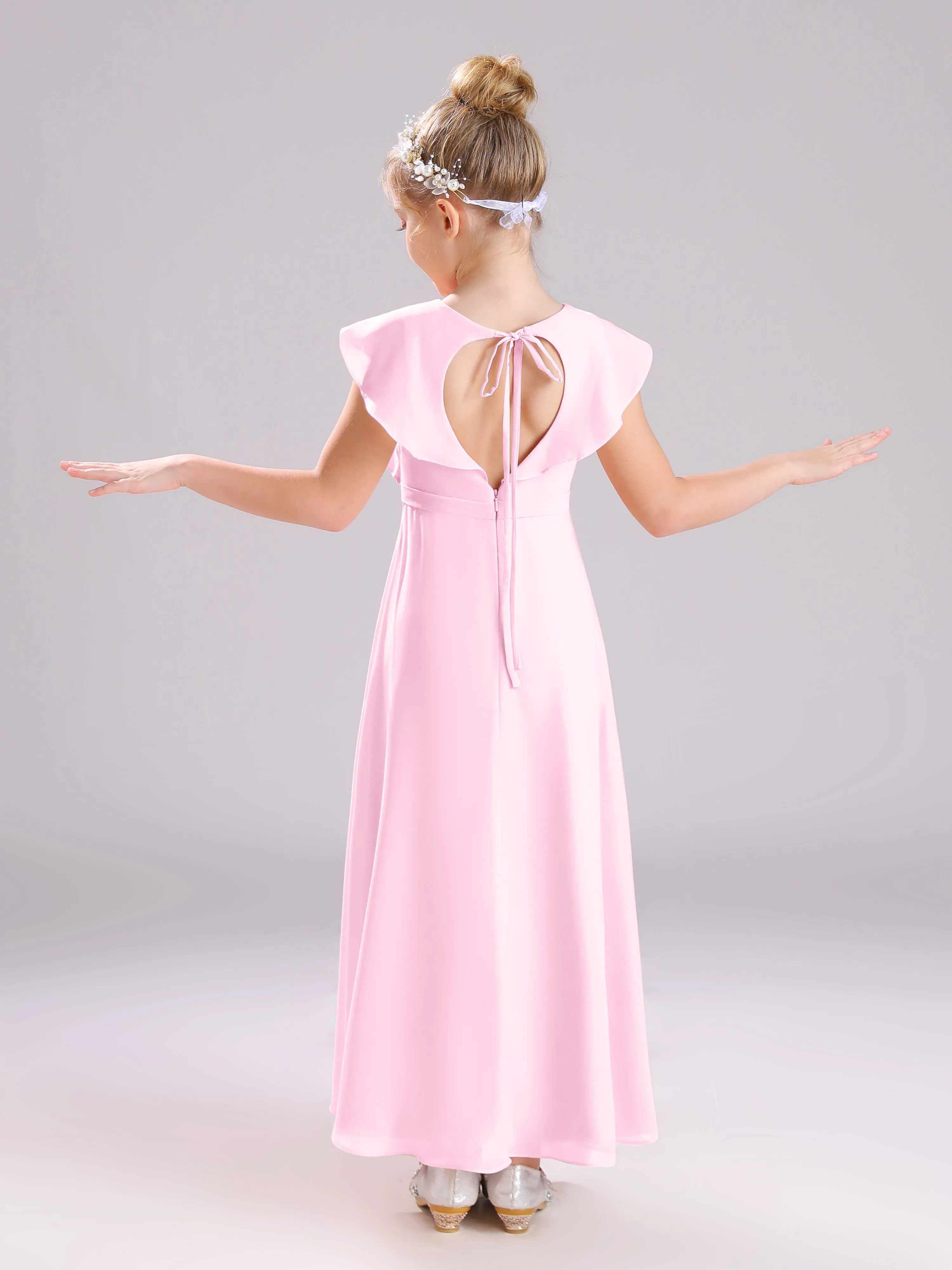 Cap Sleeves V-Neck Open Back Chiffon Junior Bridesmaid Dresses