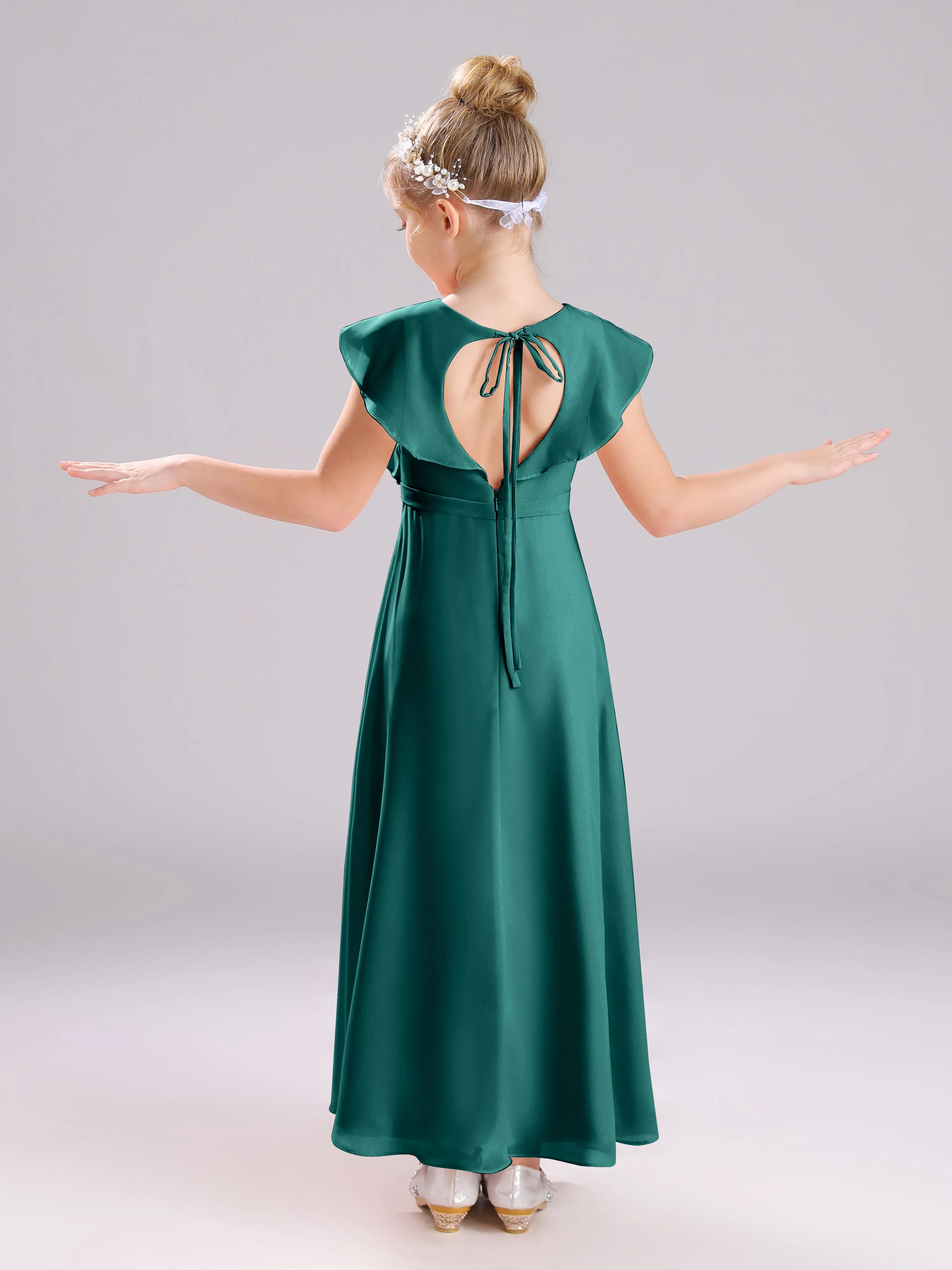 Cap Sleeves V-Neck Open Back Chiffon Junior Bridesmaid Dresses