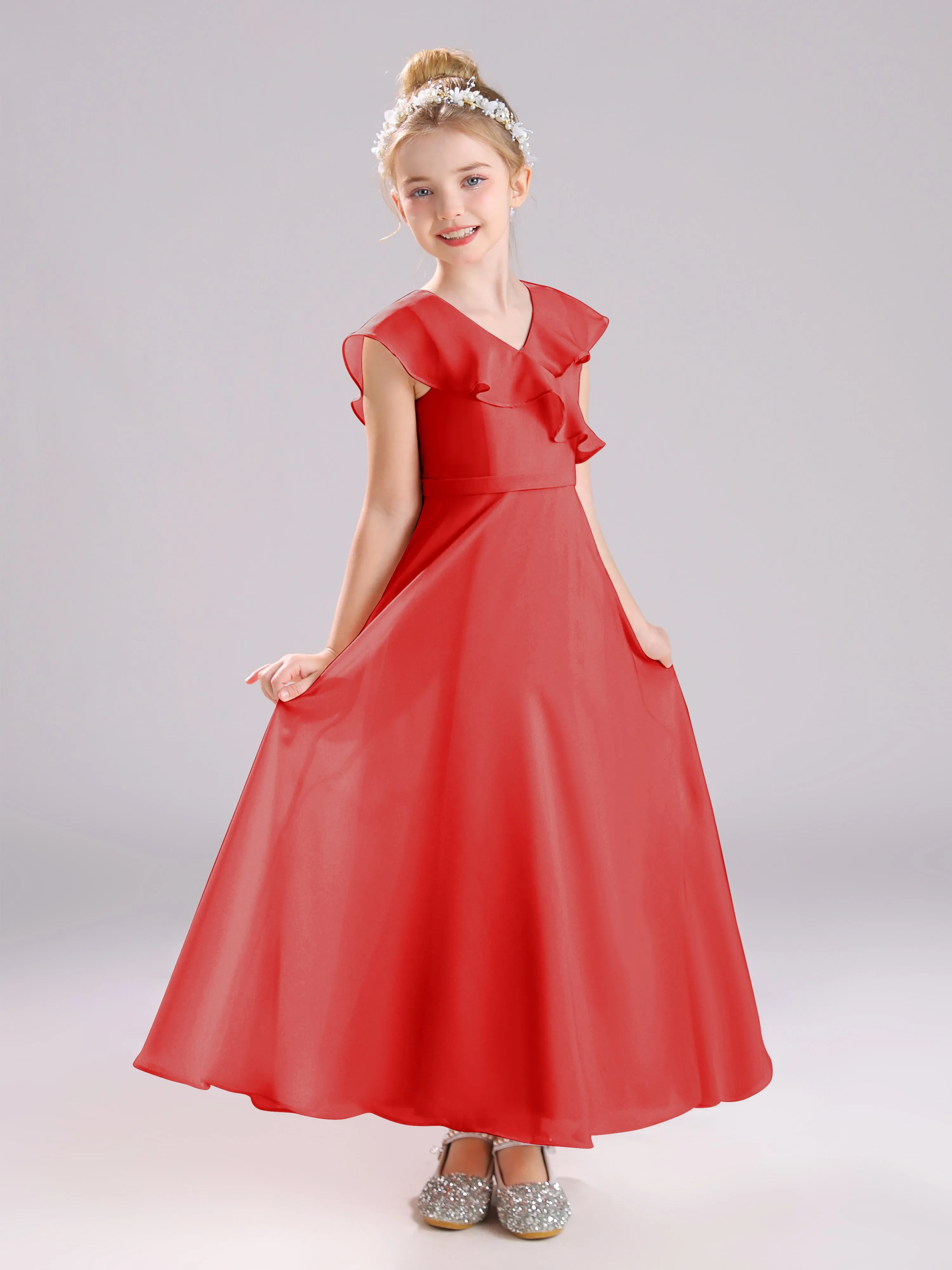 Cap Sleeves V-Neck Open Back Chiffon Junior Bridesmaid Dresses