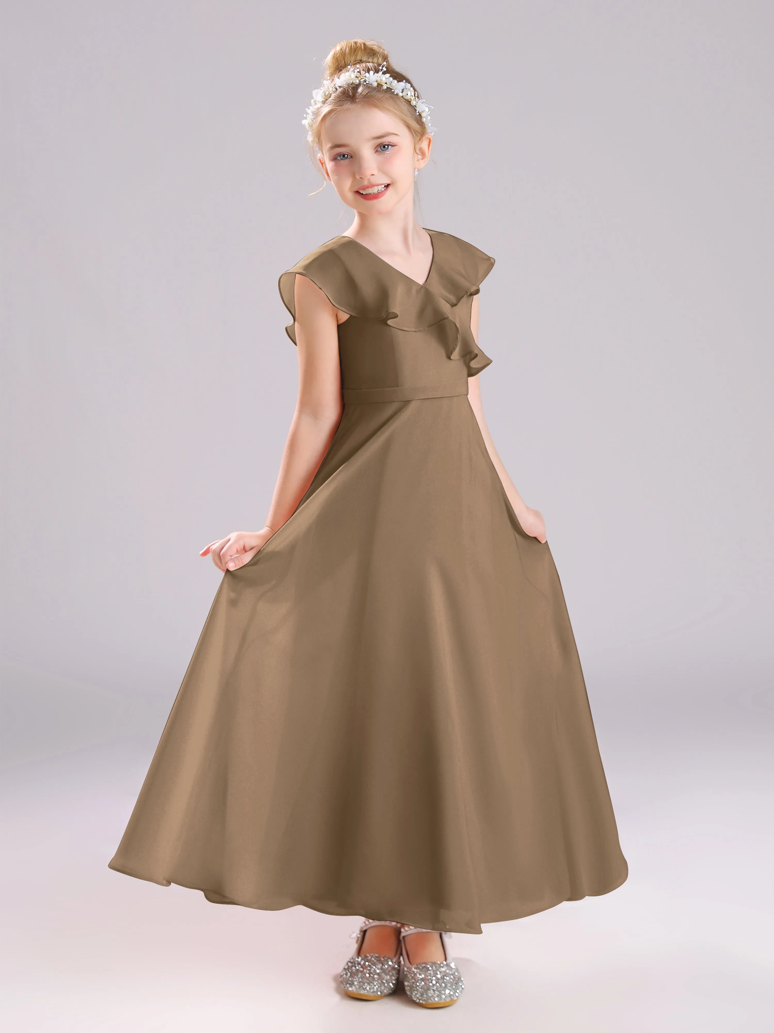 Cap Sleeves V-Neck Open Back Chiffon Junior Bridesmaid Dresses