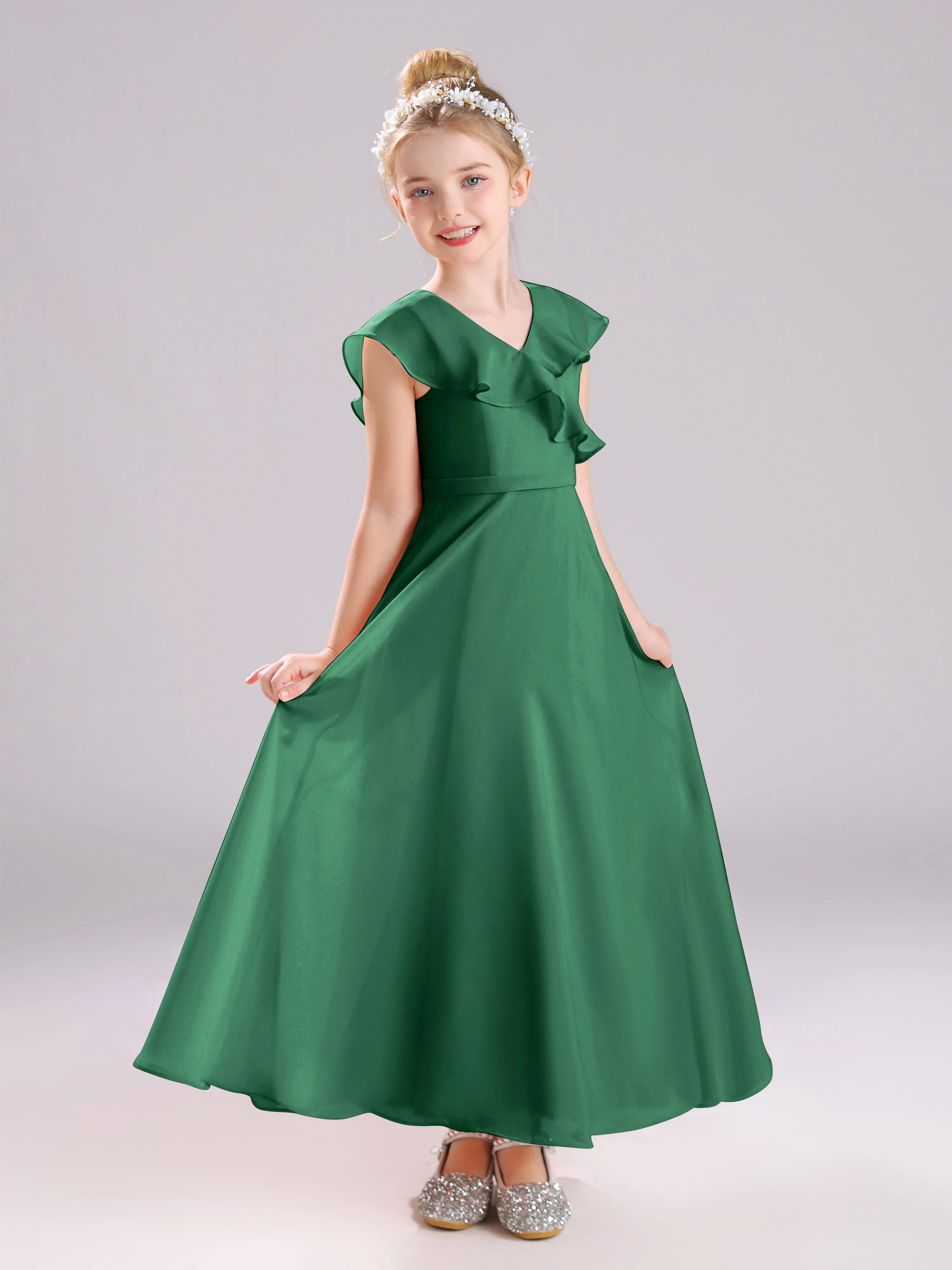 Cap Sleeves V-Neck Open Back Chiffon Junior Bridesmaid Dresses