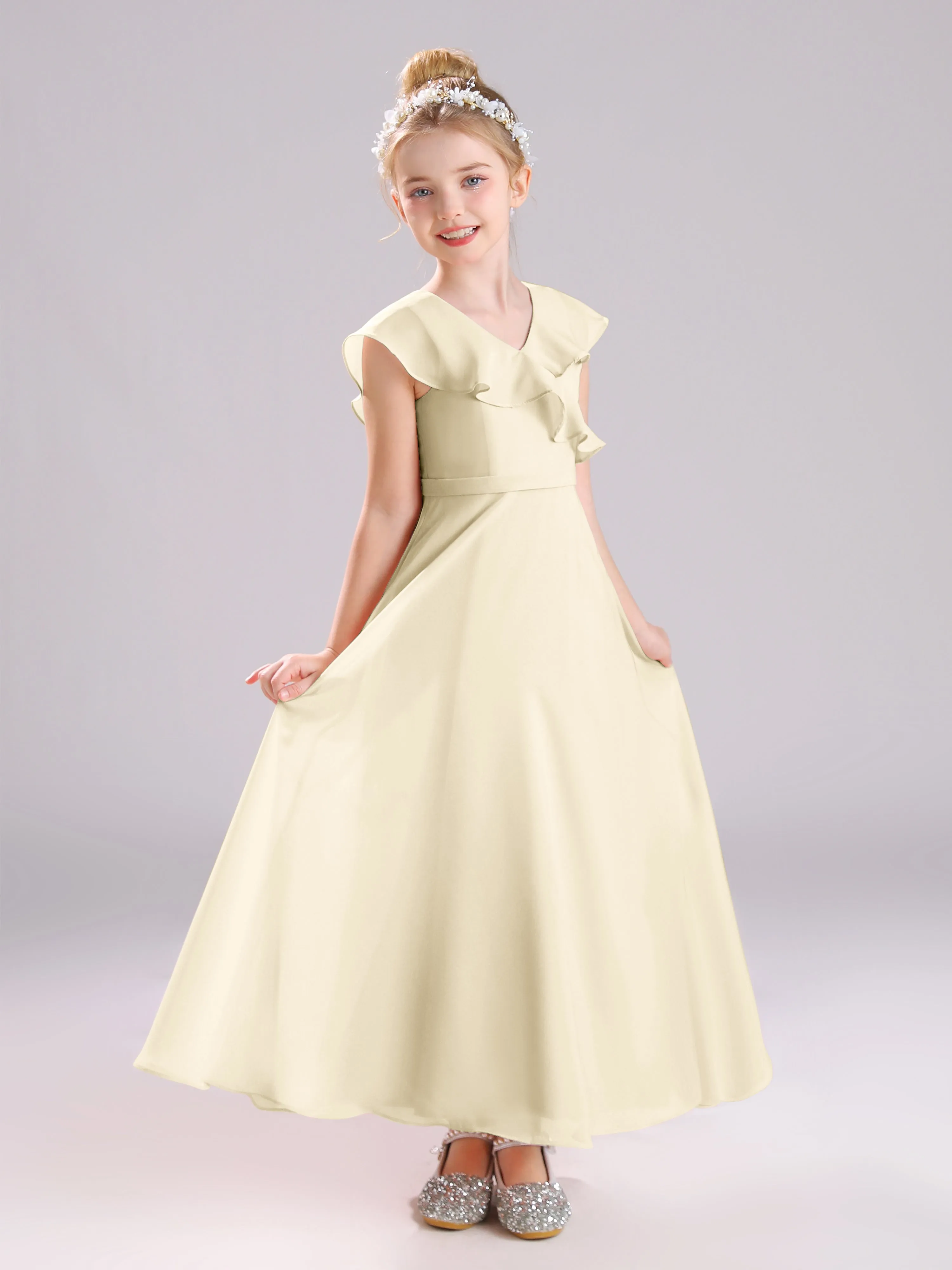 Cap Sleeves V-Neck Open Back Chiffon Junior Bridesmaid Dresses