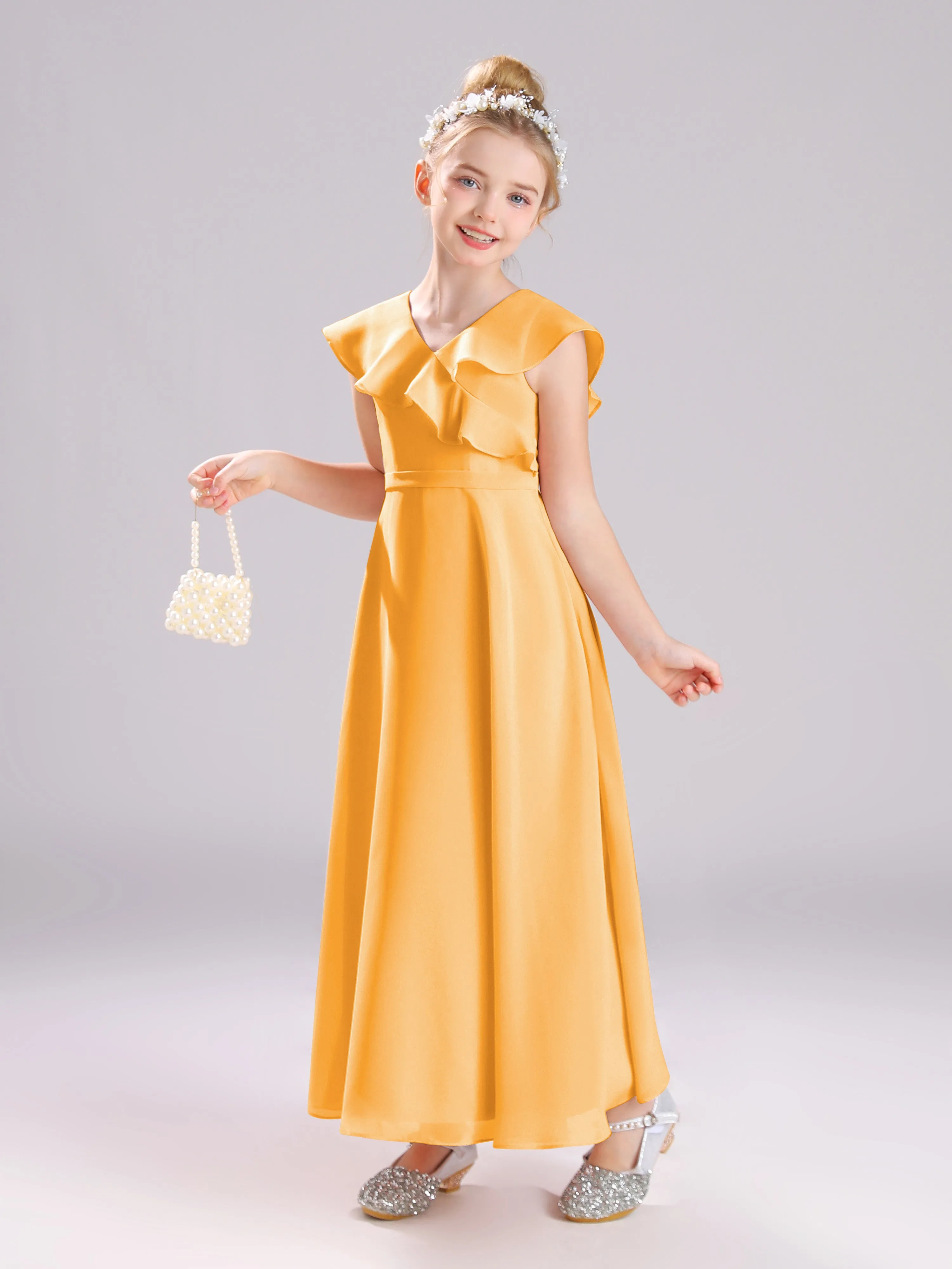 Cap Sleeves V-Neck Open Back Chiffon Junior Bridesmaid Dresses