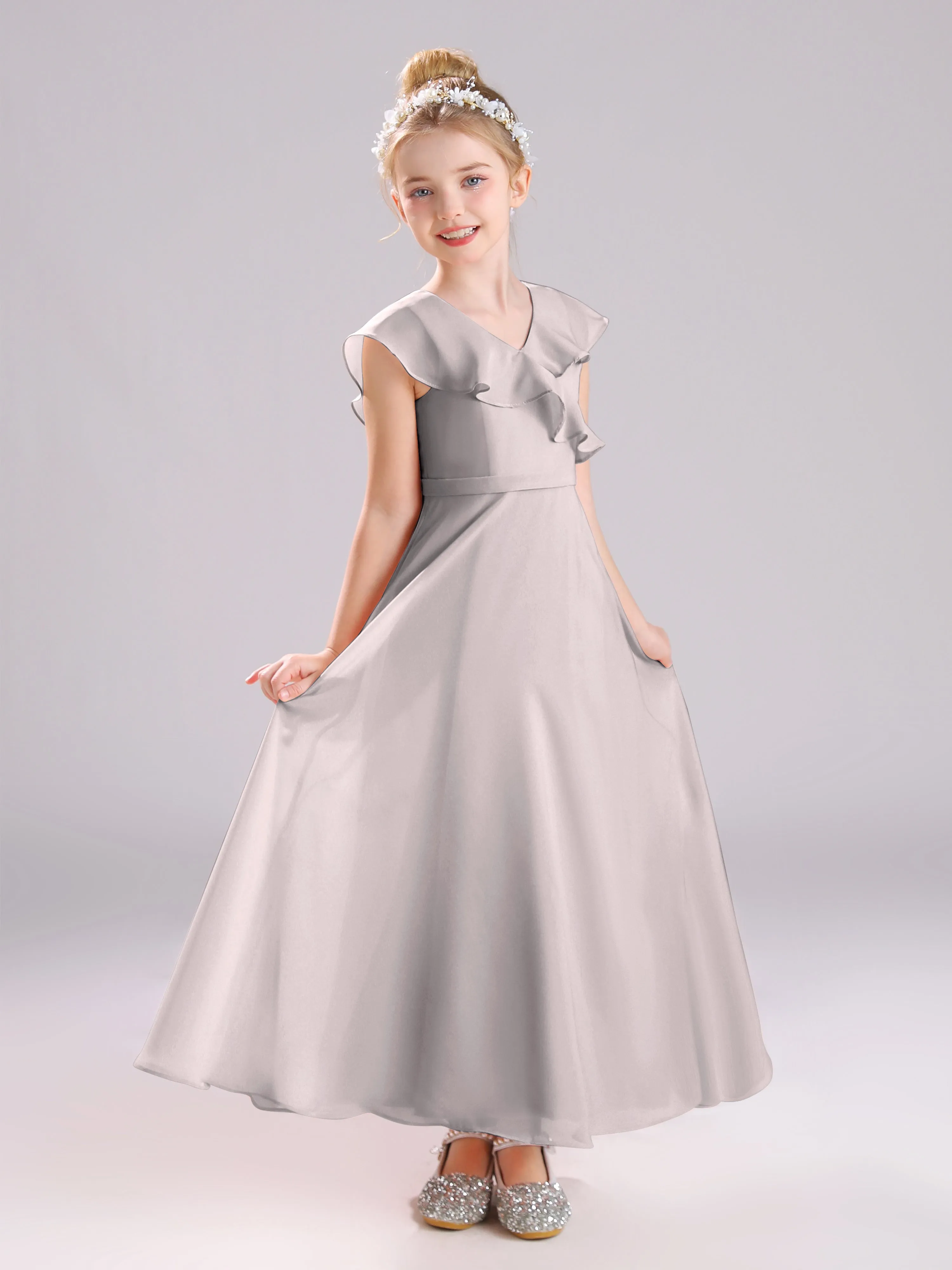 Cap Sleeves V-Neck Open Back Chiffon Junior Bridesmaid Dresses