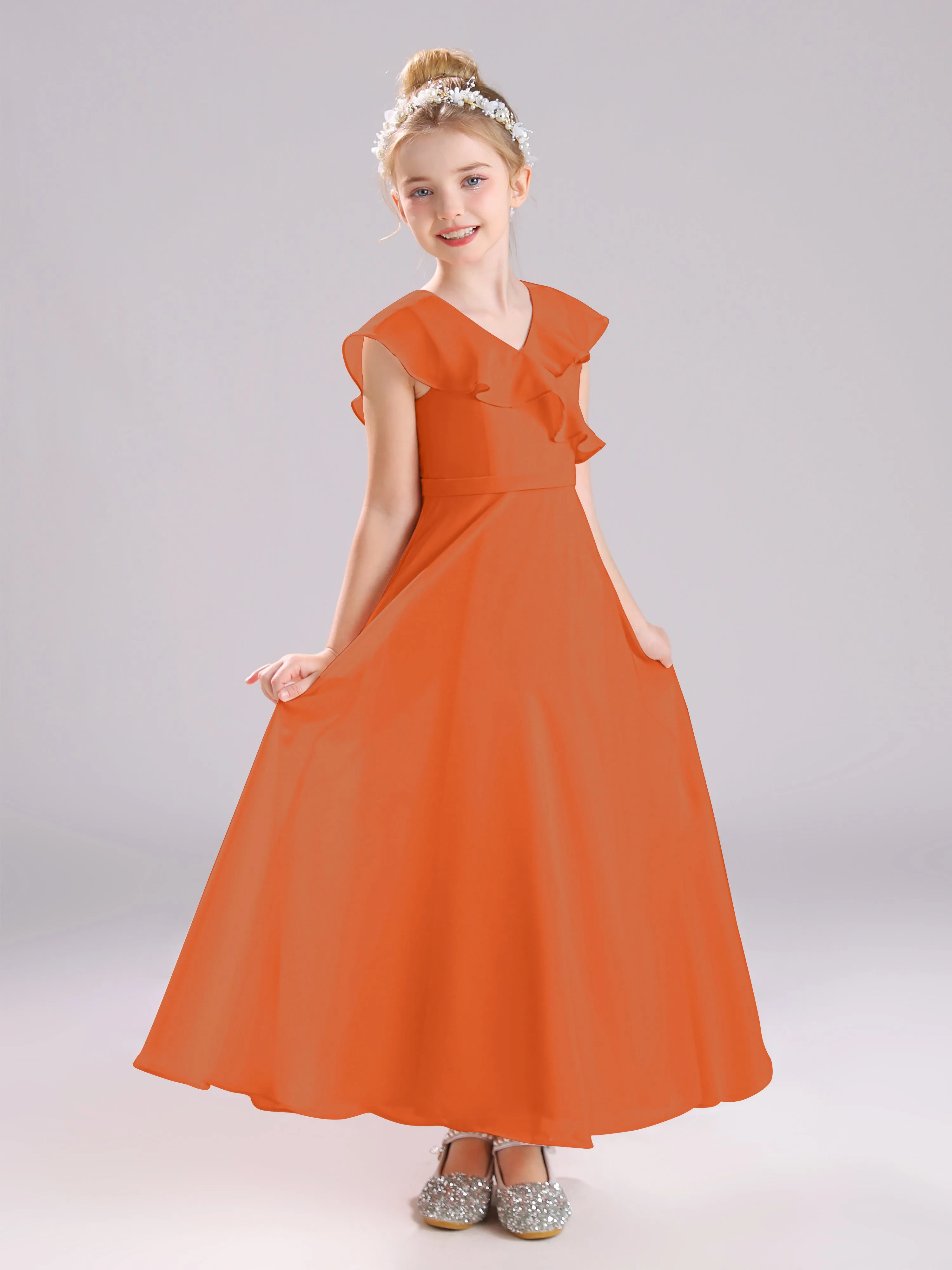 Cap Sleeves V-Neck Open Back Chiffon Junior Bridesmaid Dresses