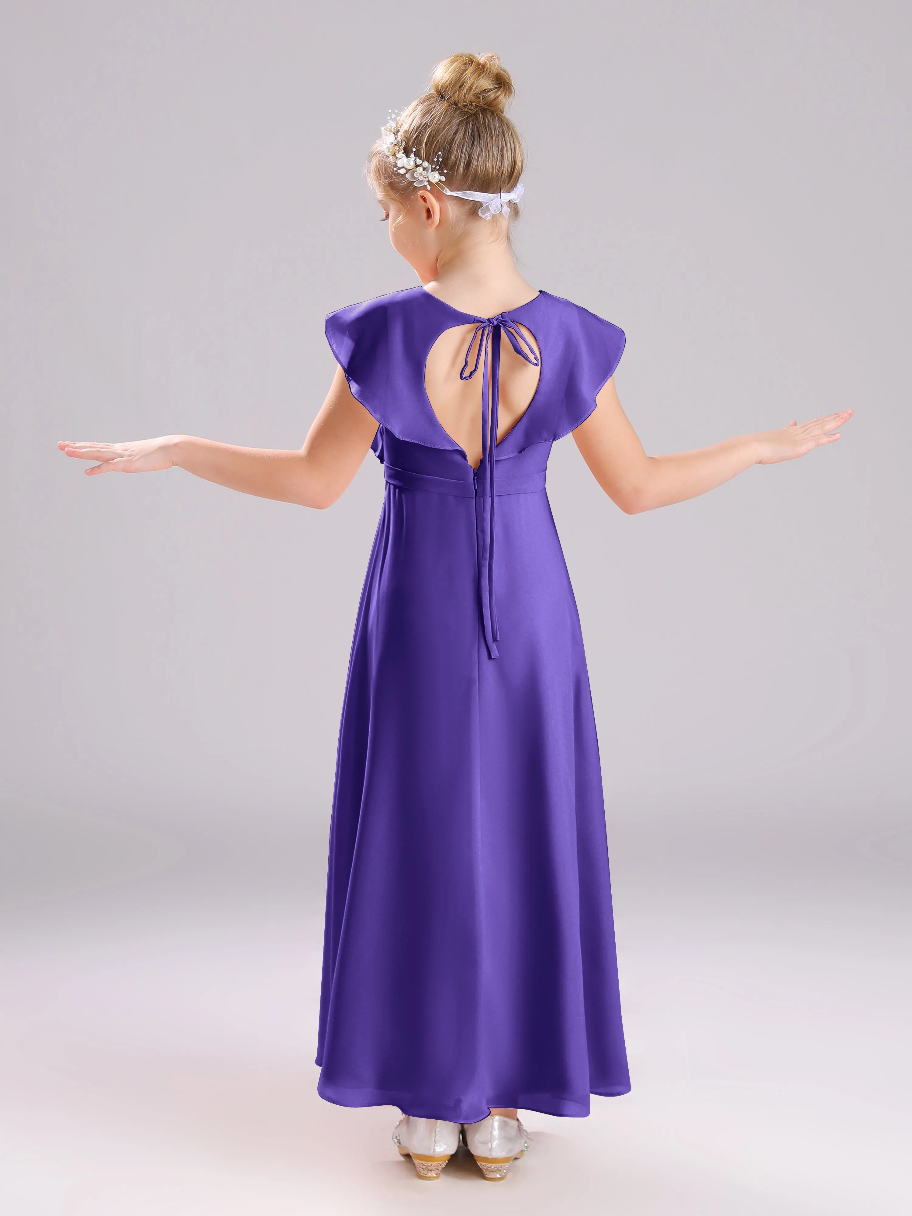 Cap Sleeves V-Neck Open Back Chiffon Junior Bridesmaid Dresses