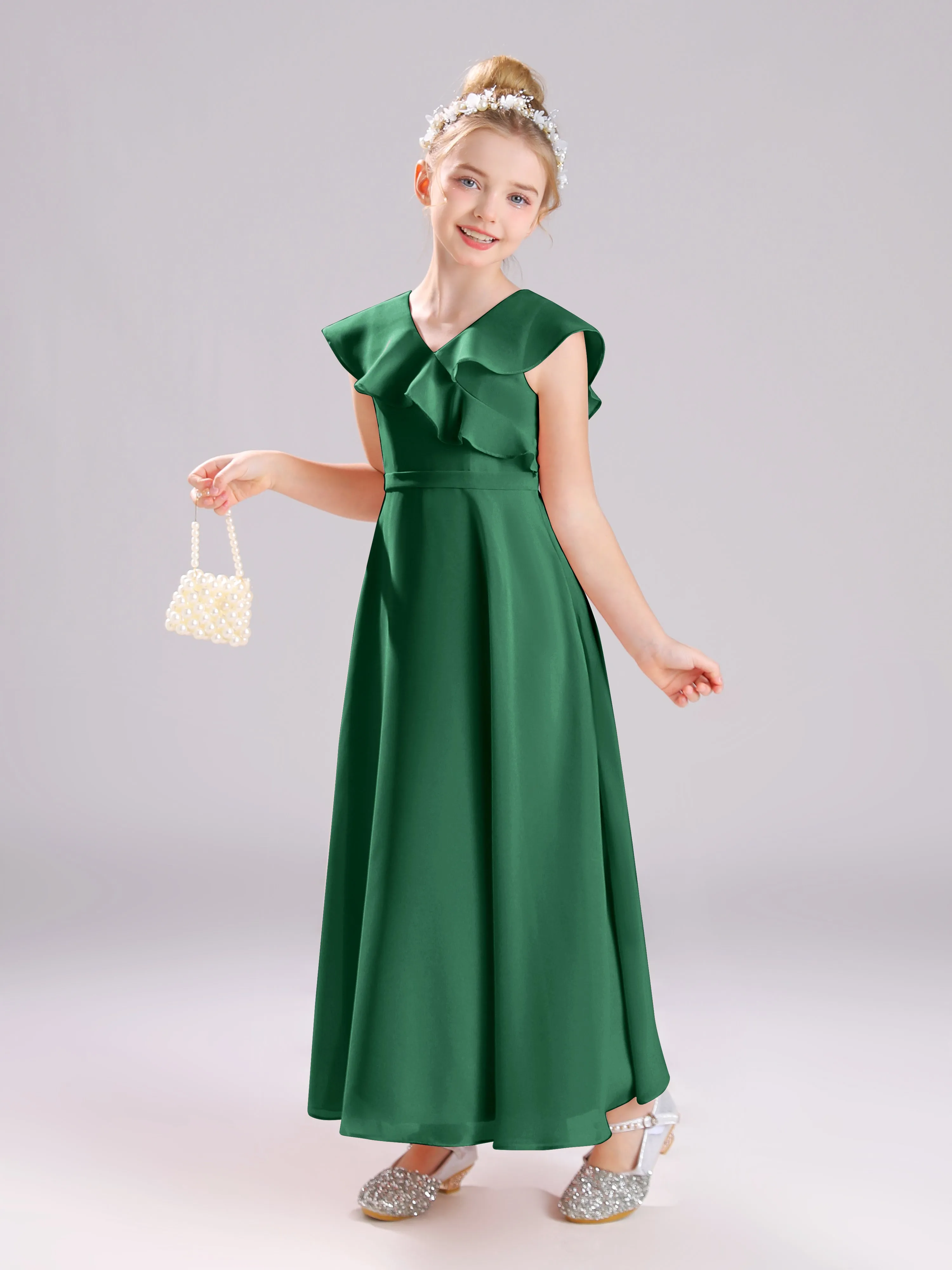 Cap Sleeves V-Neck Open Back Chiffon Junior Bridesmaid Dresses