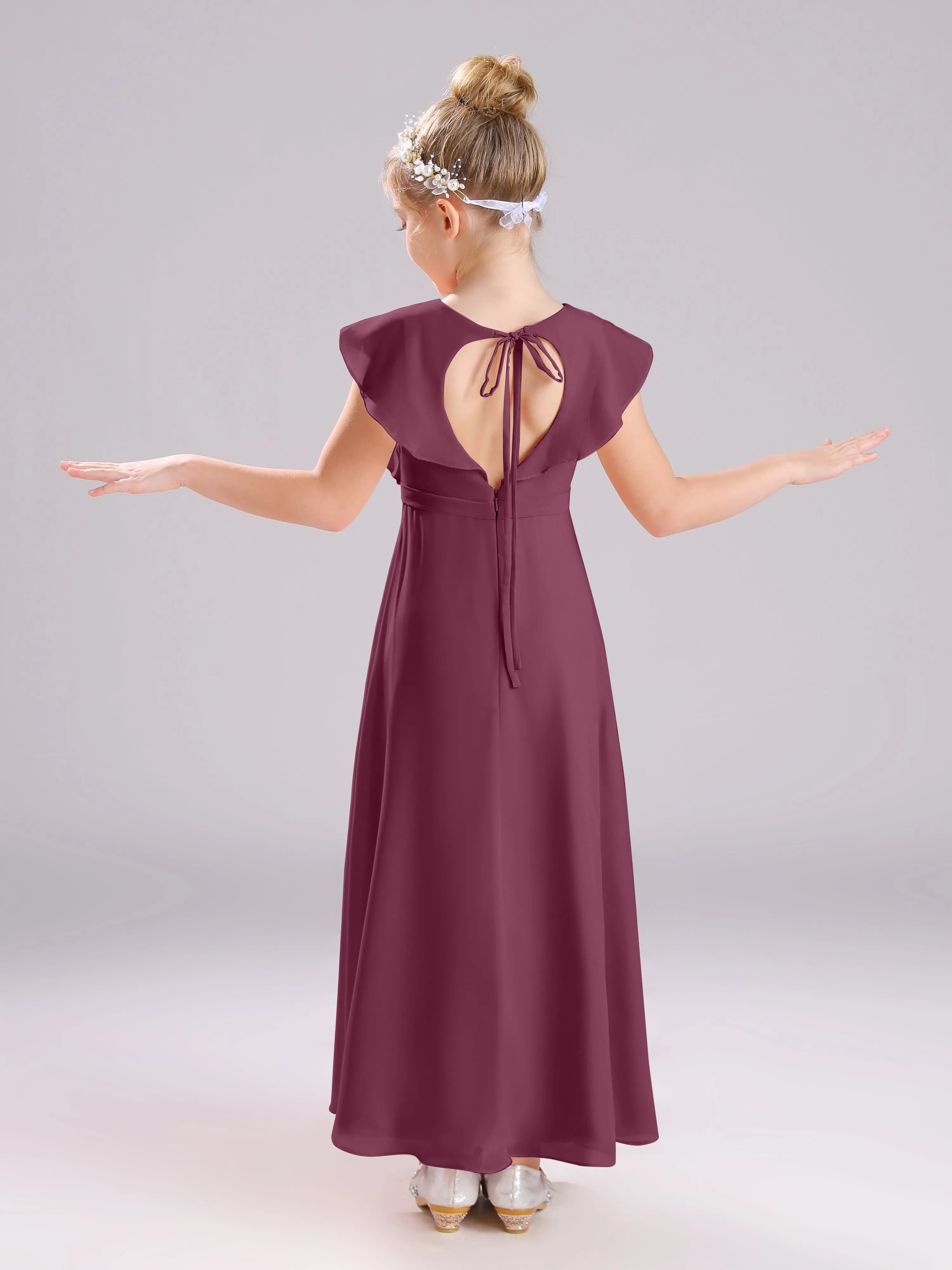 Cap Sleeves V-Neck Open Back Chiffon Junior Bridesmaid Dresses