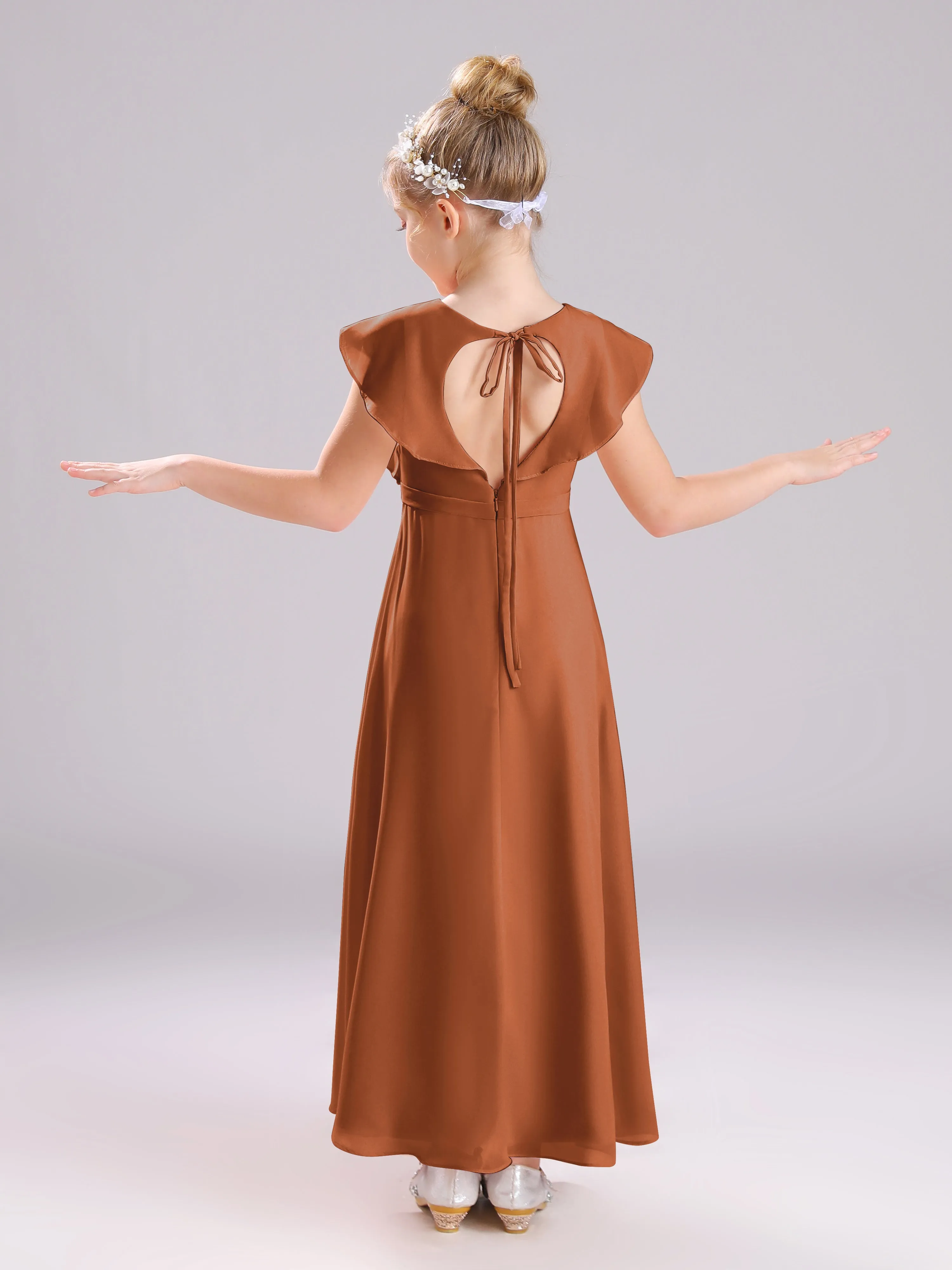 Cap Sleeves V-Neck Open Back Chiffon Junior Bridesmaid Dresses