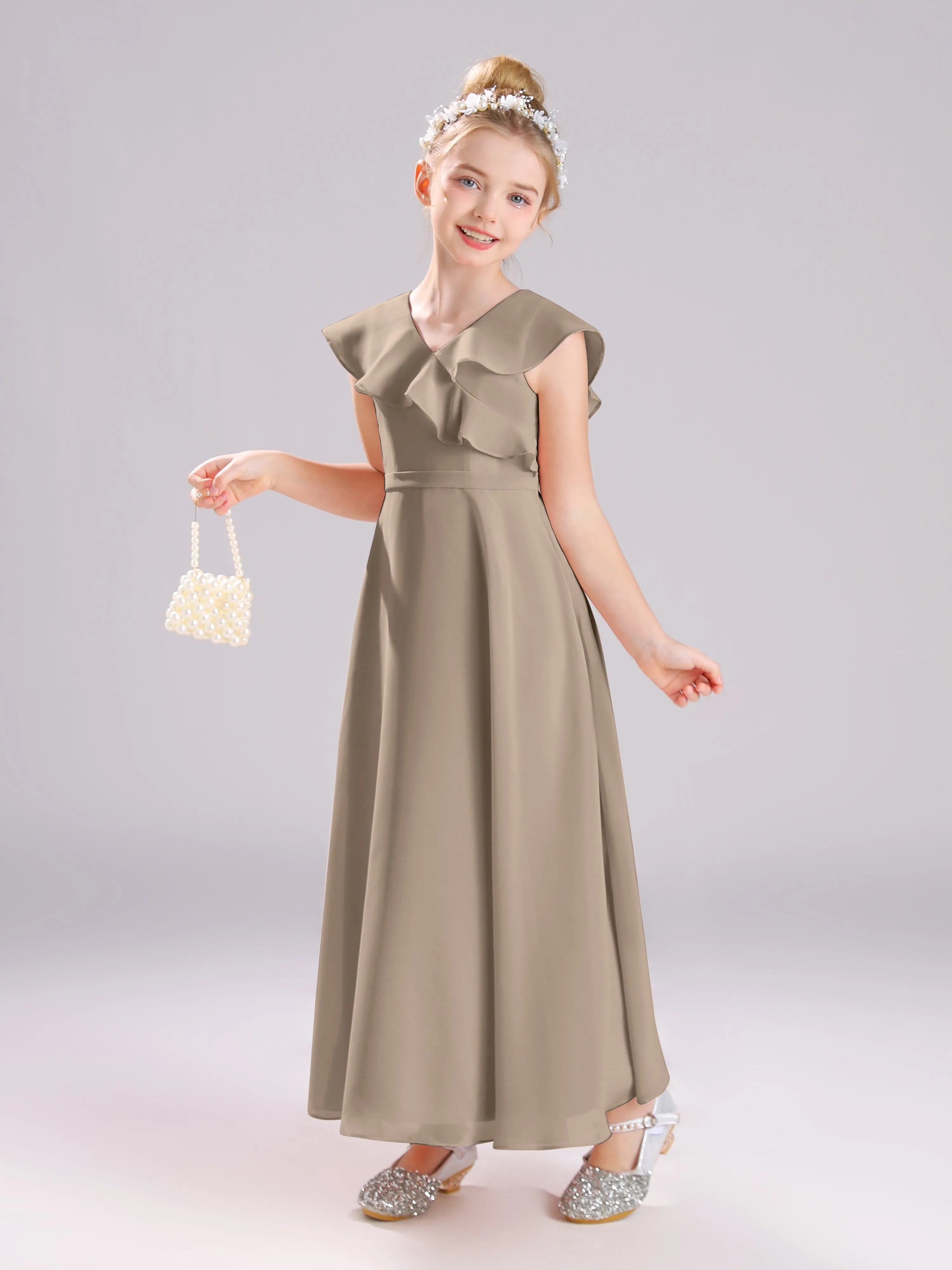 Cap Sleeves V-Neck Open Back Chiffon Junior Bridesmaid Dresses