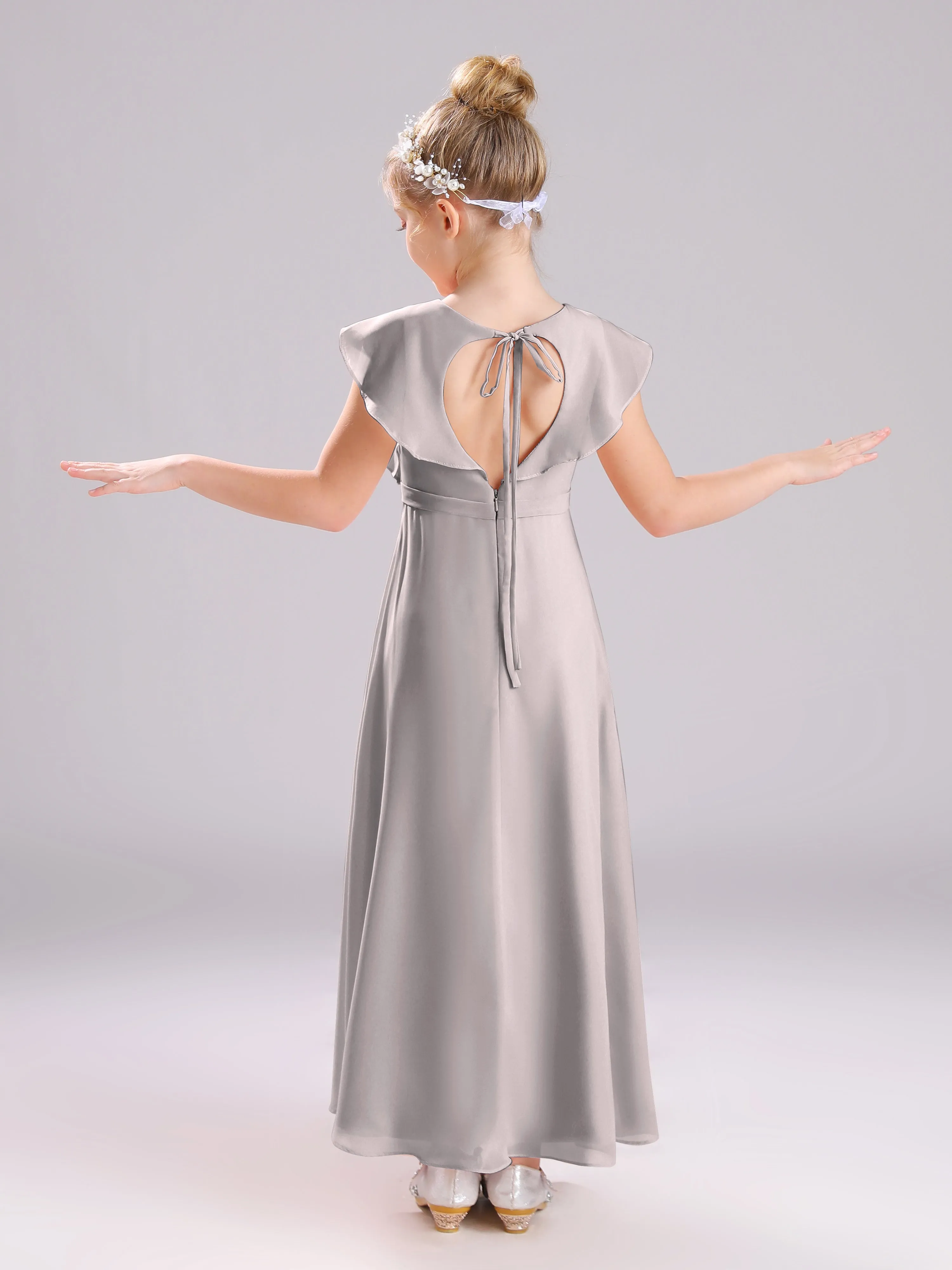 Cap Sleeves V-Neck Open Back Chiffon Junior Bridesmaid Dresses