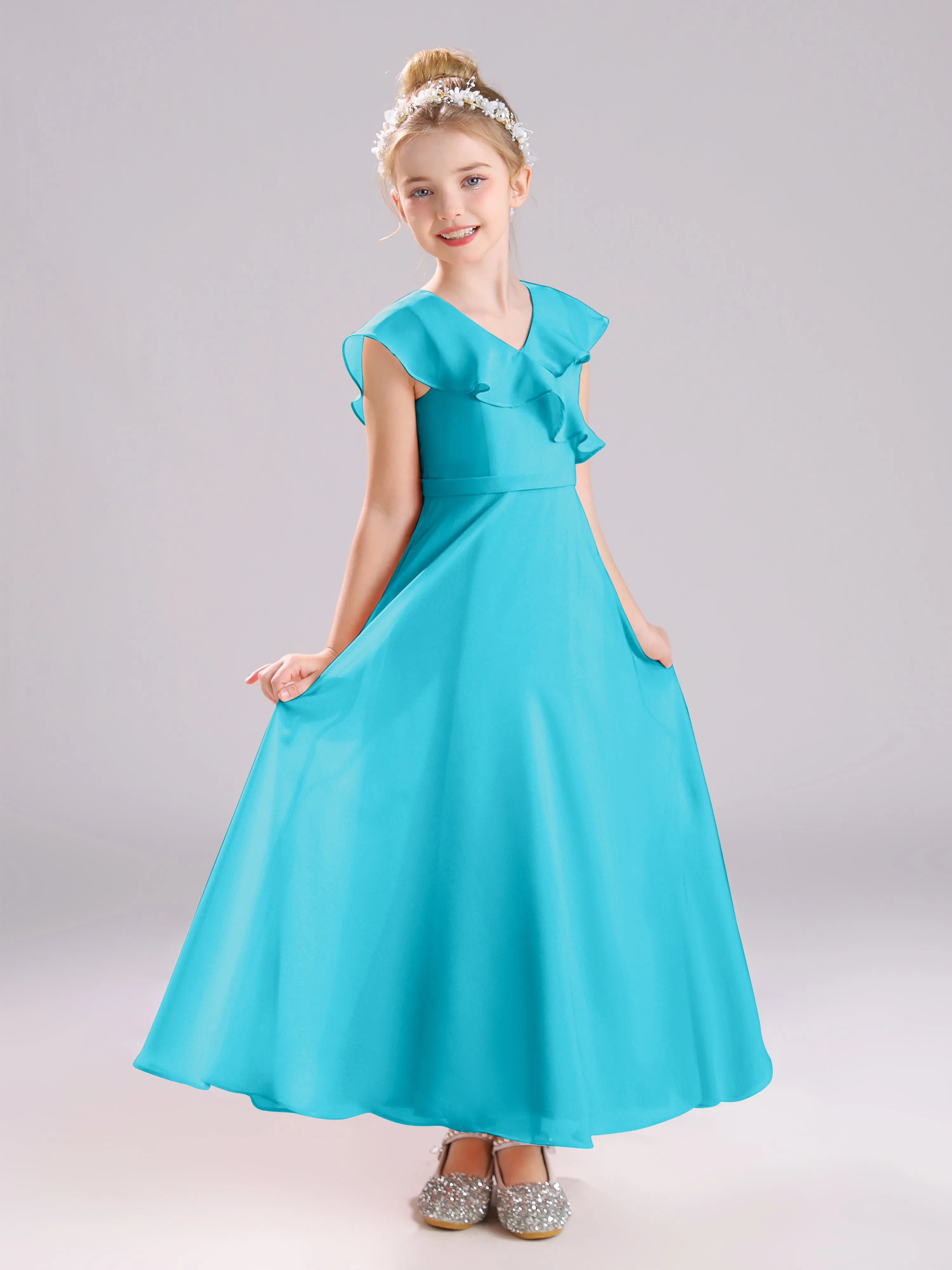 Cap Sleeves V-Neck Open Back Chiffon Junior Bridesmaid Dresses