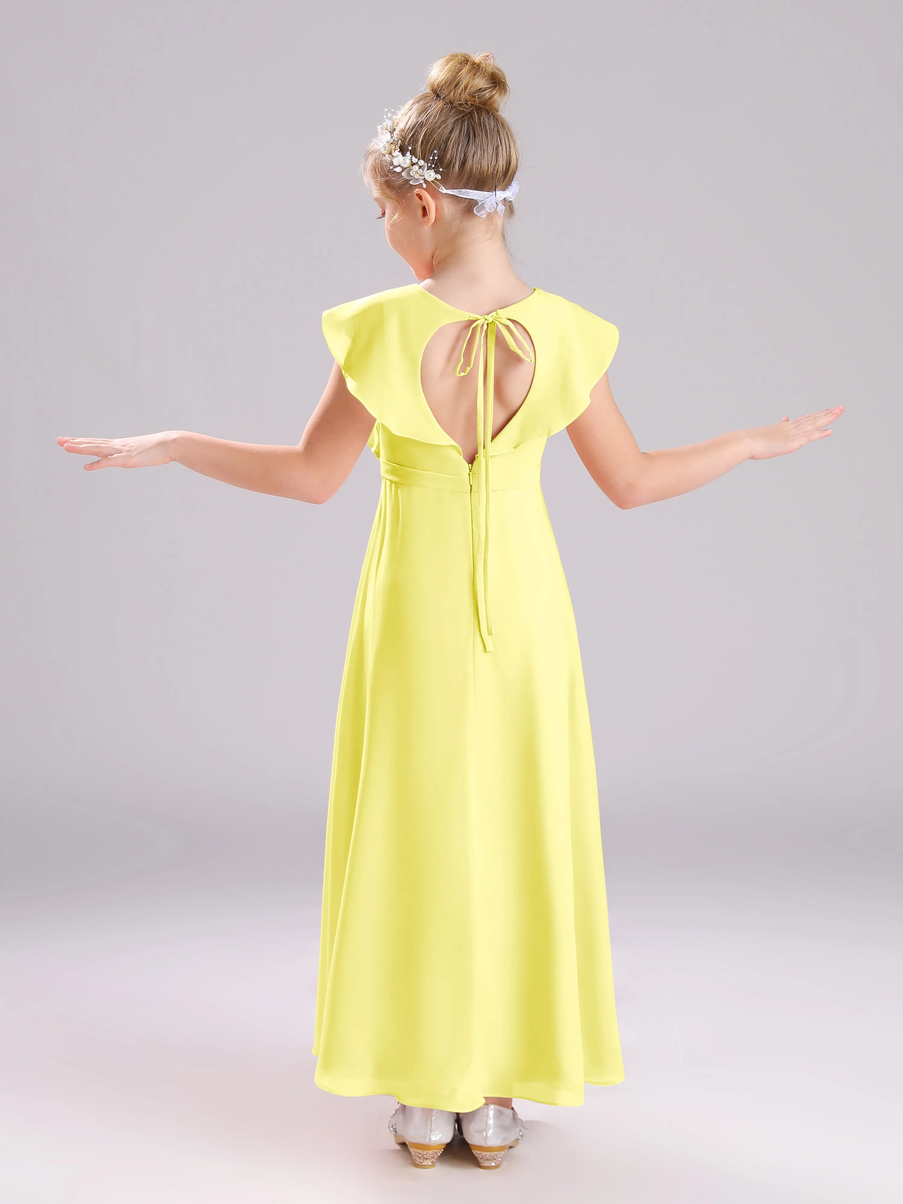 Cap Sleeves V-Neck Open Back Chiffon Junior Bridesmaid Dresses
