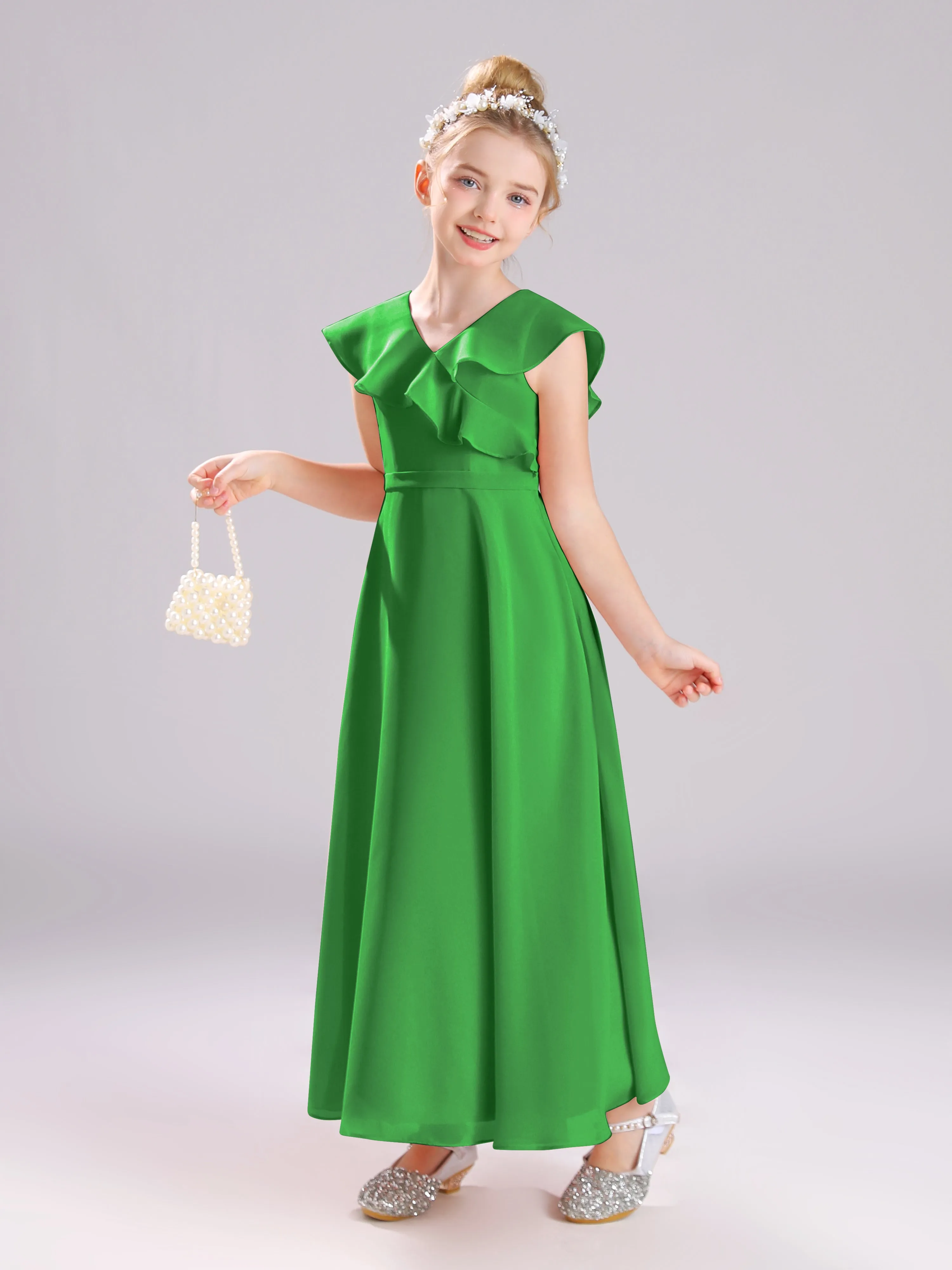 Cap Sleeves V-Neck Open Back Chiffon Junior Bridesmaid Dresses