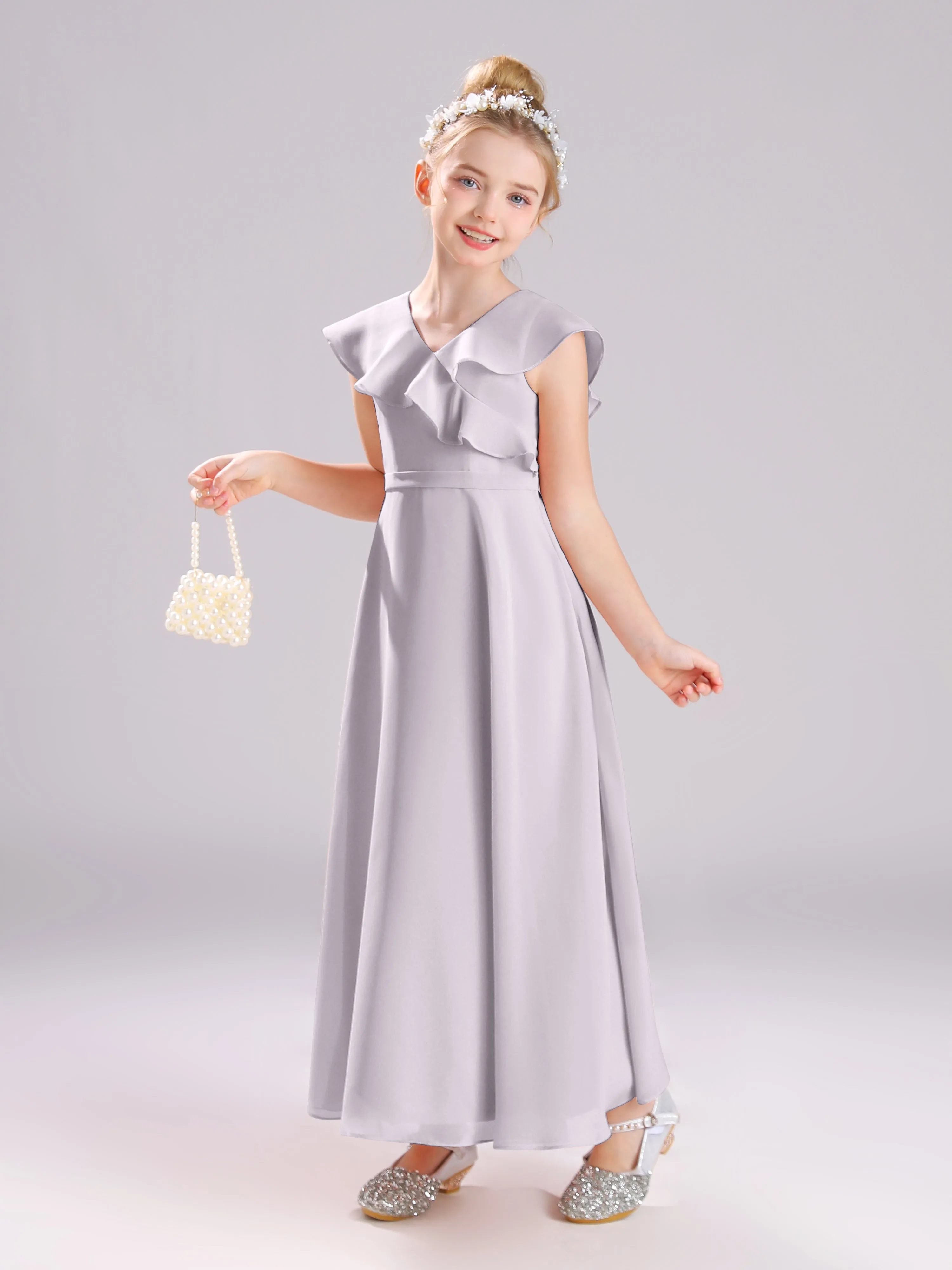 Cap Sleeves V-Neck Open Back Chiffon Junior Bridesmaid Dresses