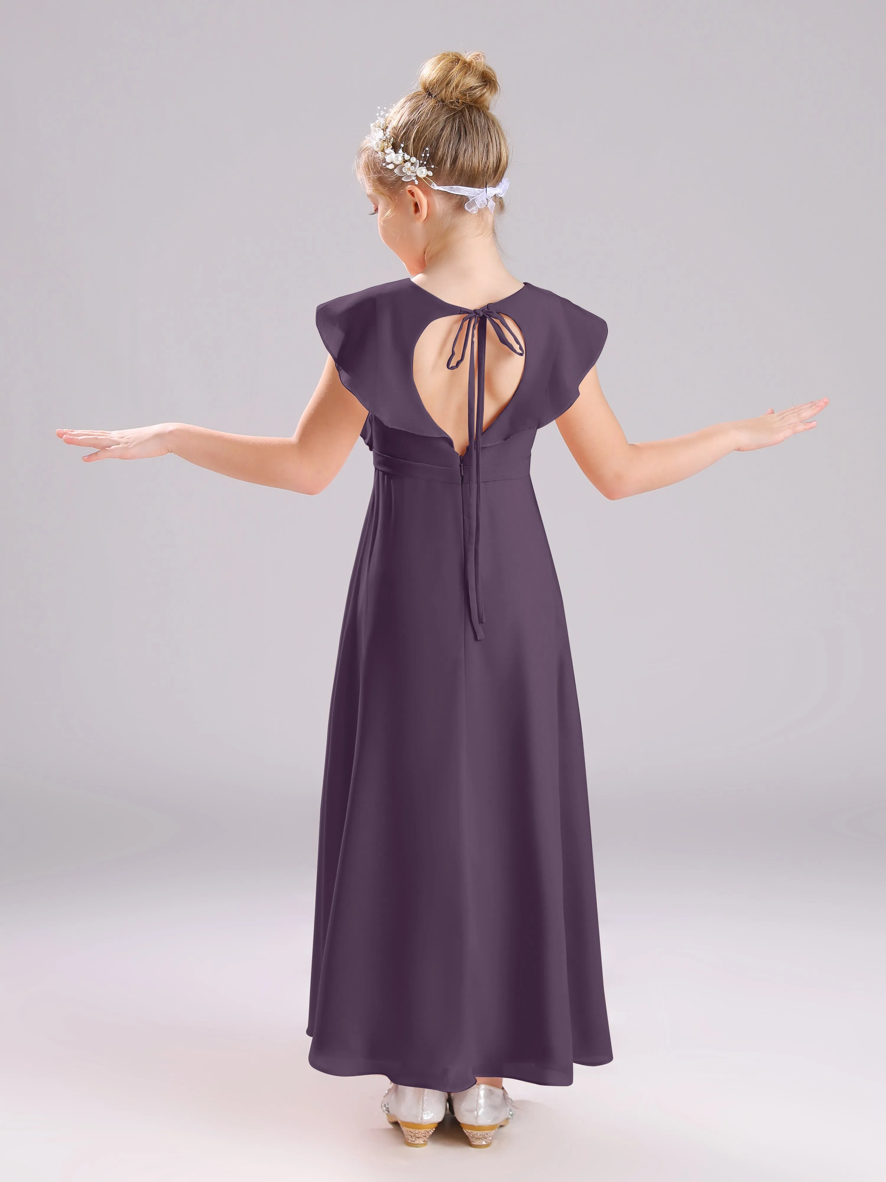 Cap Sleeves V-Neck Open Back Chiffon Junior Bridesmaid Dresses