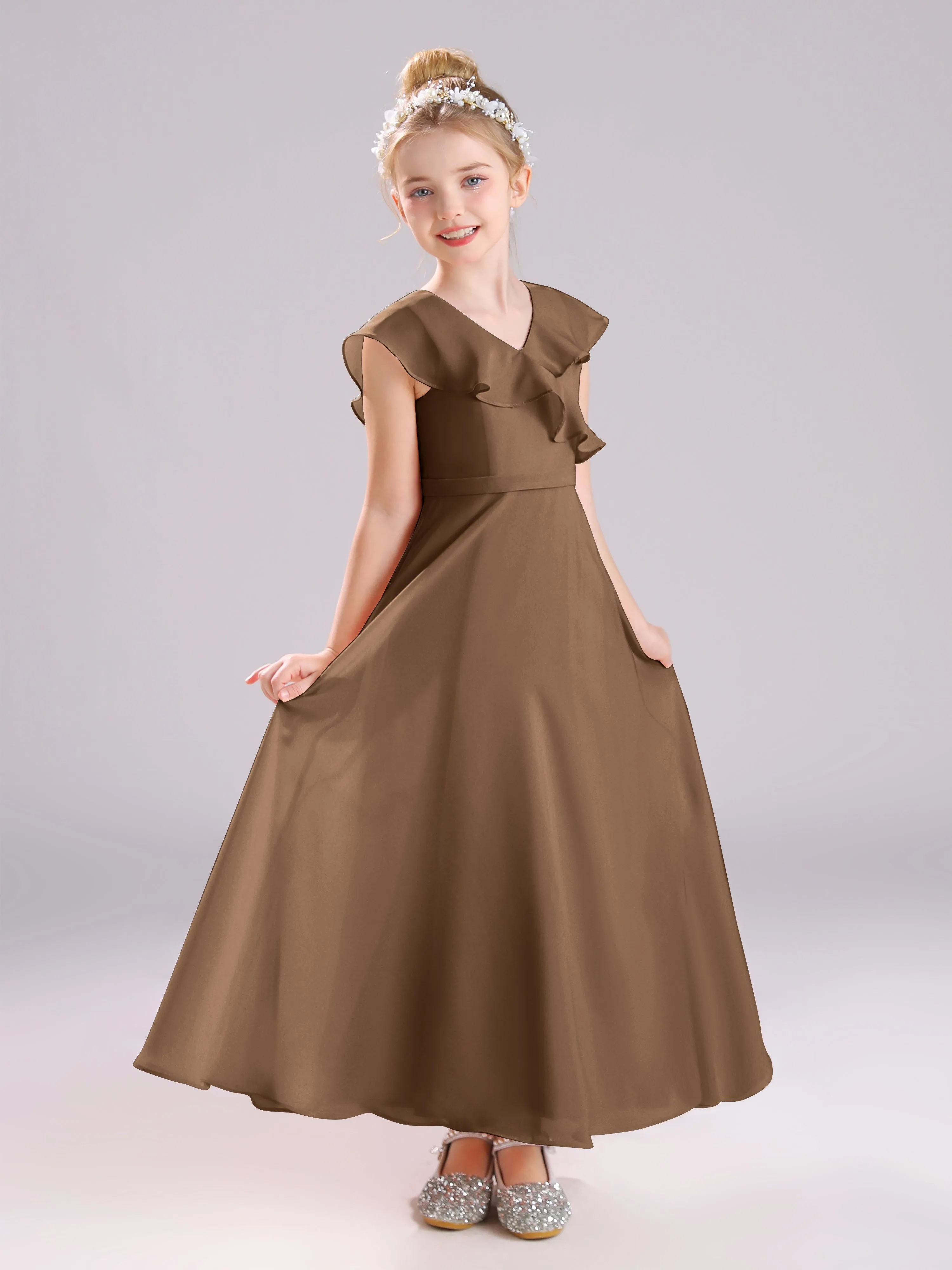 Cap Sleeves V-Neck Open Back Chiffon Junior Bridesmaid Dresses