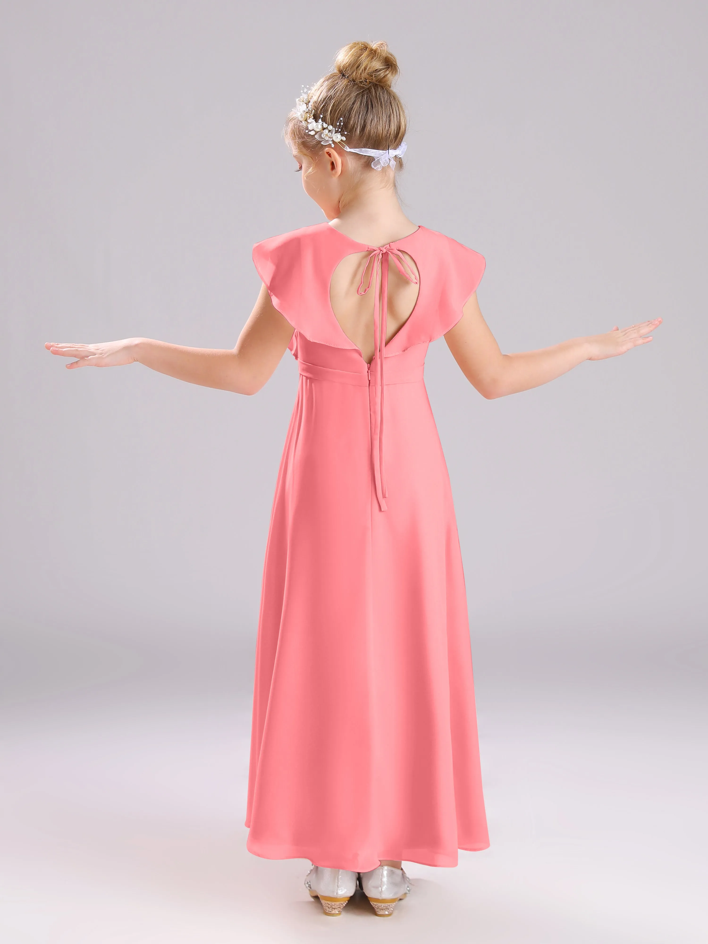 Cap Sleeves V-Neck Open Back Chiffon Junior Bridesmaid Dresses