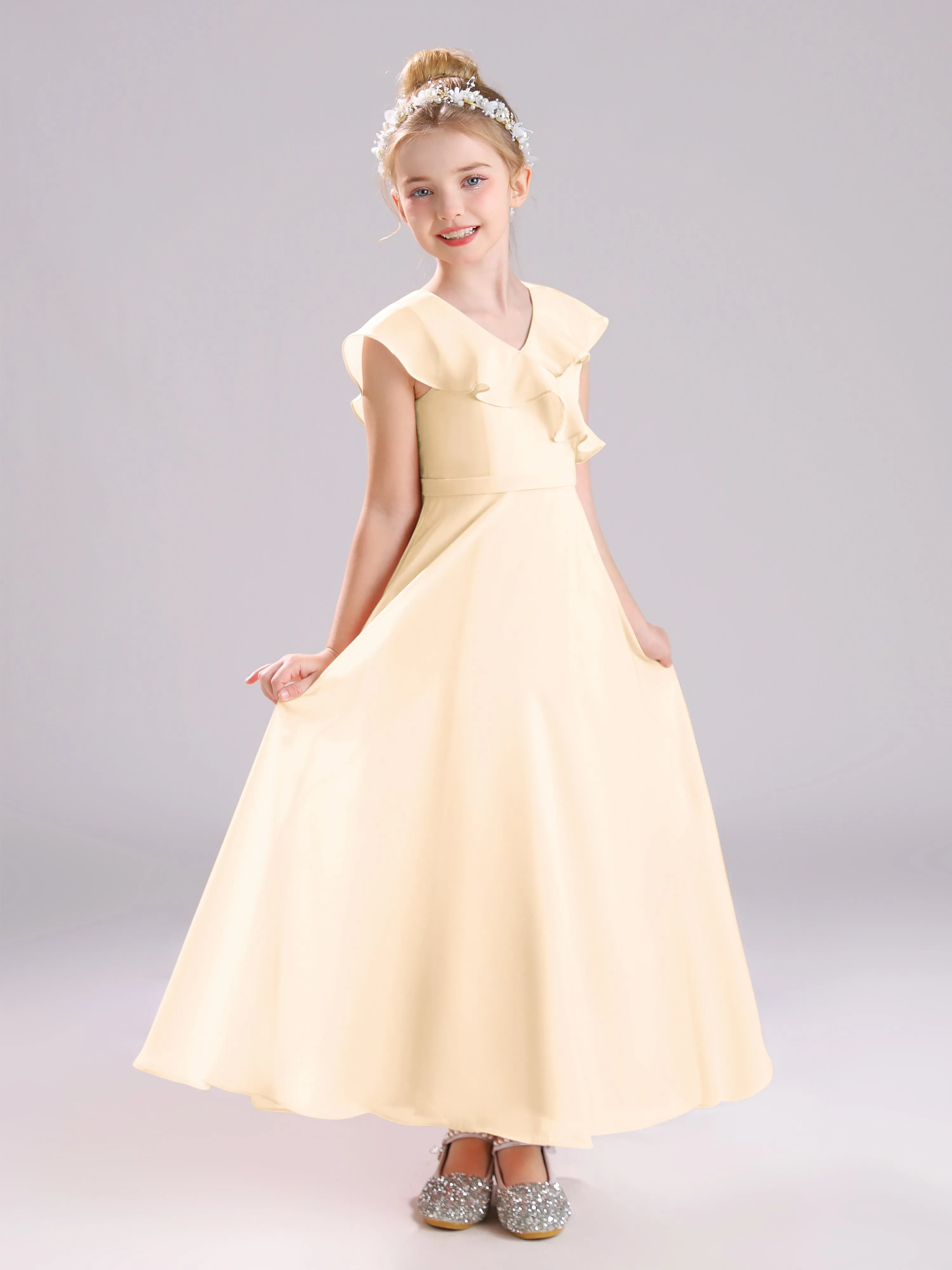 Cap Sleeves V-Neck Open Back Chiffon Junior Bridesmaid Dresses