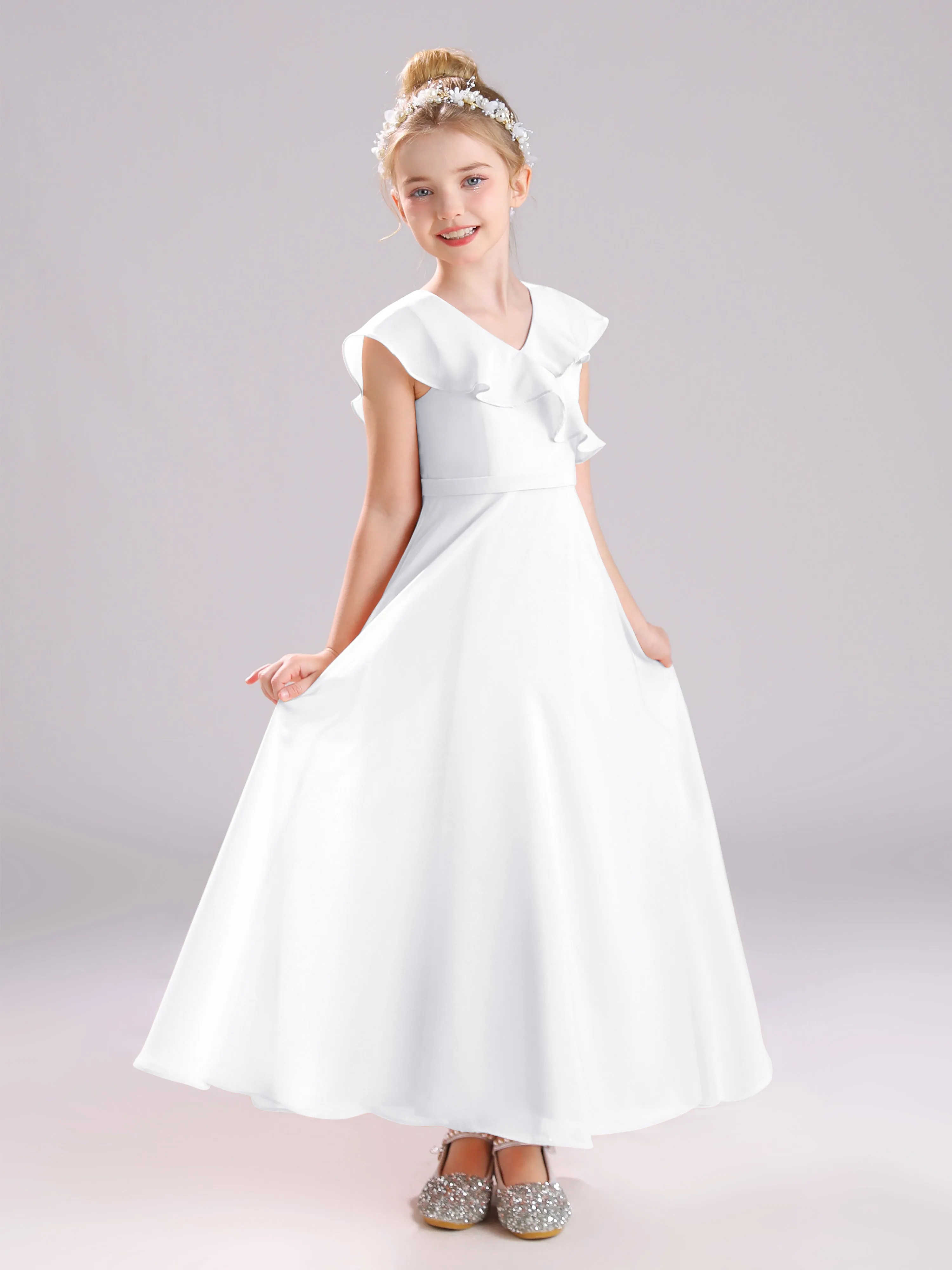 Cap Sleeves V-Neck Open Back Chiffon Junior Bridesmaid Dresses