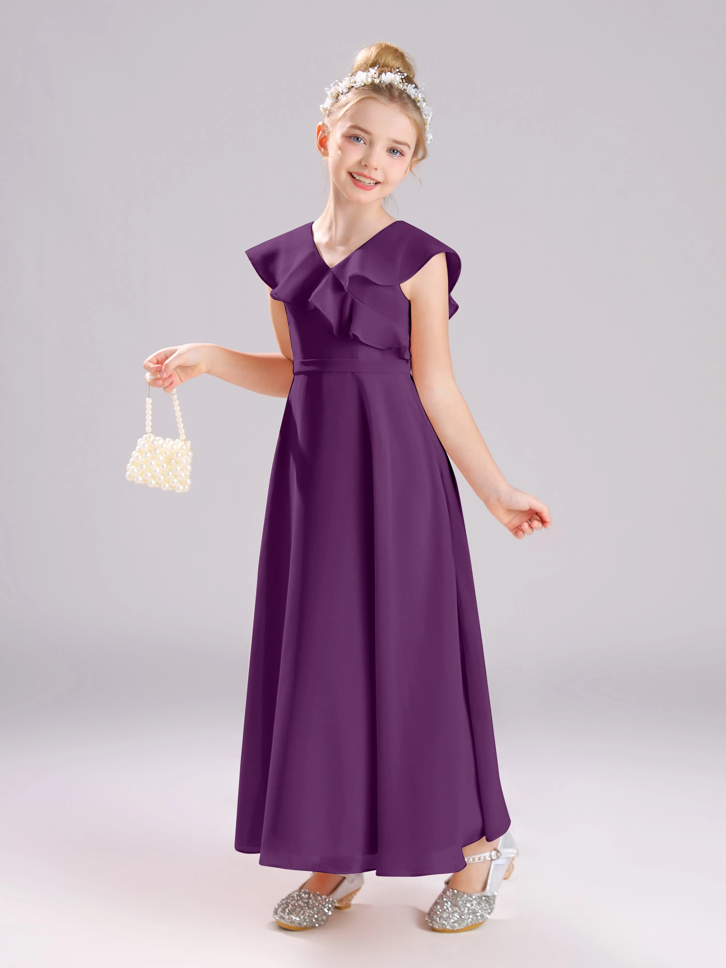 Cap Sleeves V-Neck Open Back Chiffon Junior Bridesmaid Dresses