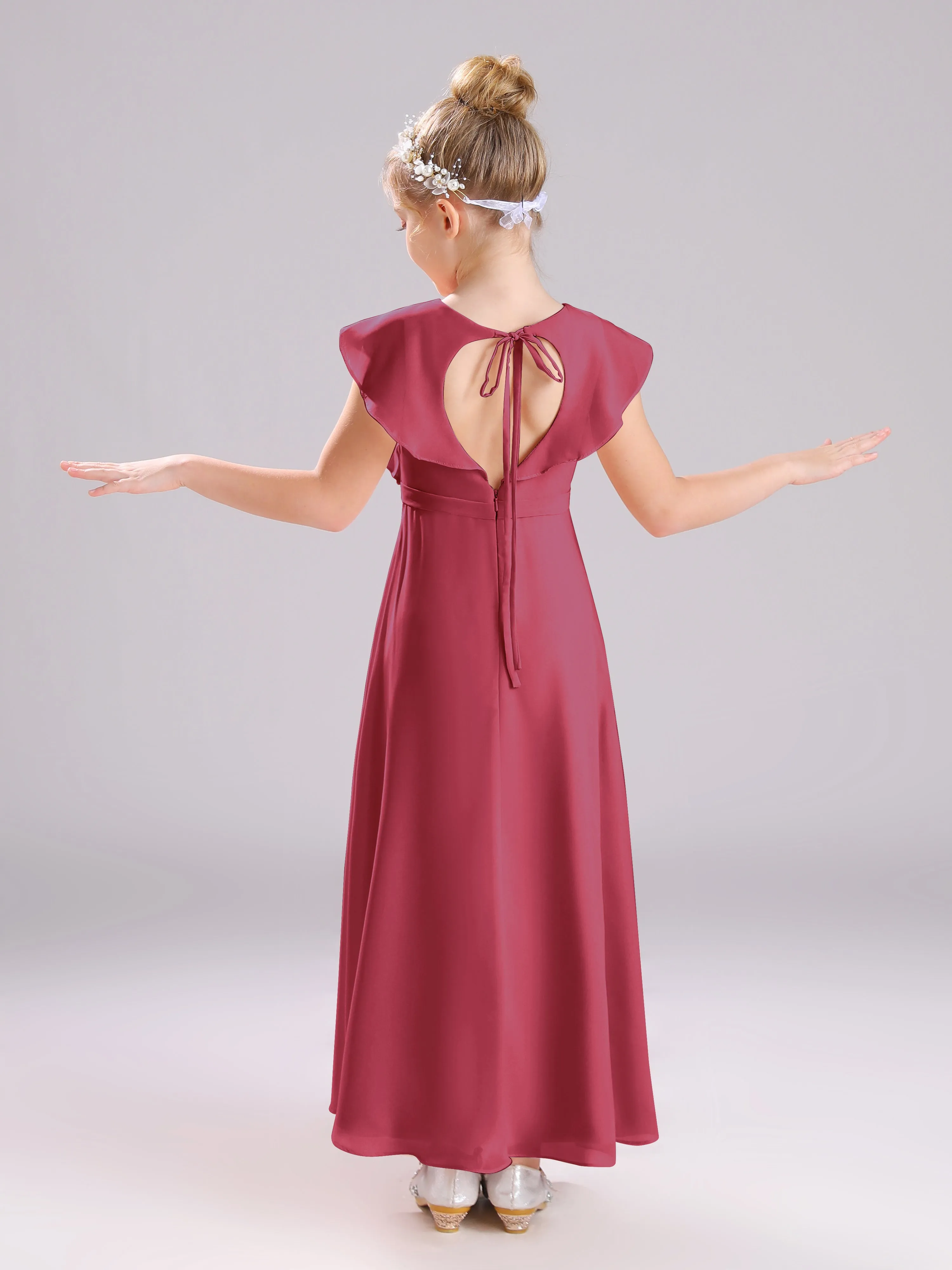 Cap Sleeves V-Neck Open Back Chiffon Junior Bridesmaid Dresses