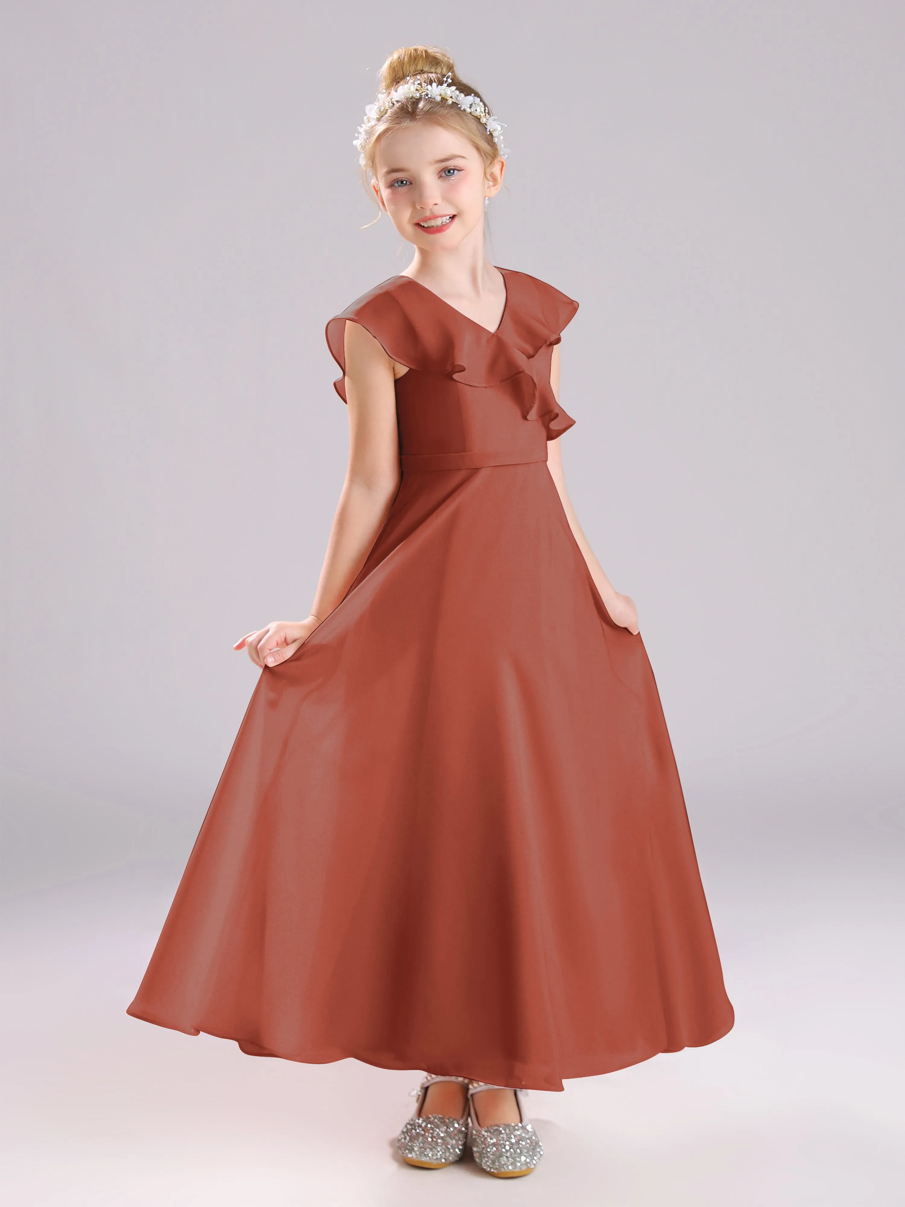 Cap Sleeves V-Neck Open Back Chiffon Junior Bridesmaid Dresses