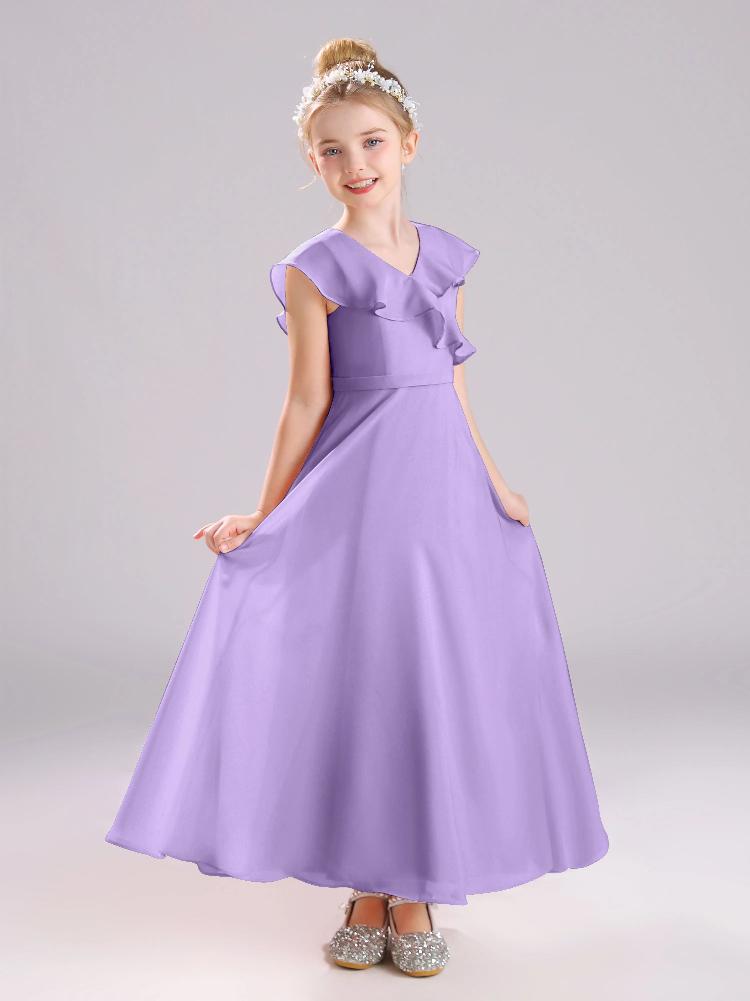 Cap Sleeves V-Neck Open Back Chiffon Junior Bridesmaid Dresses