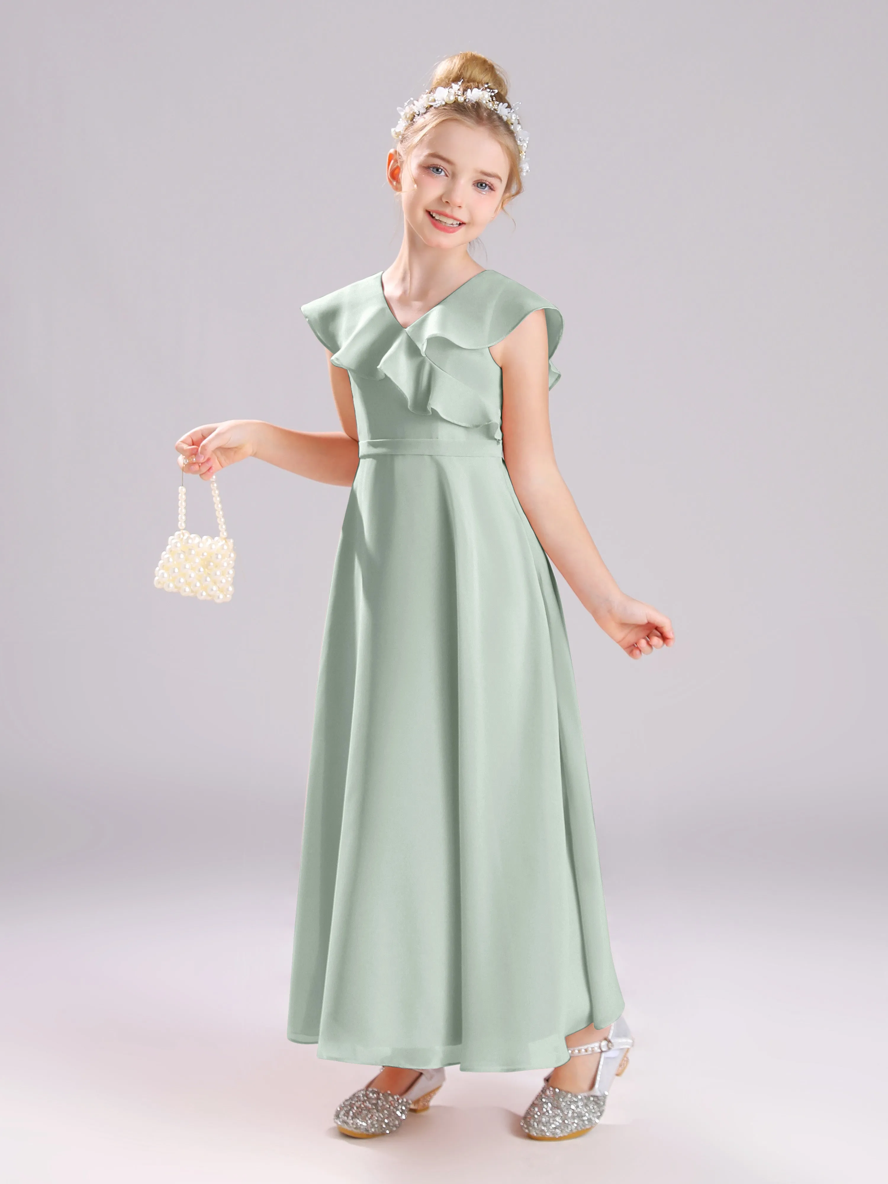 Cap Sleeves V-Neck Open Back Chiffon Junior Bridesmaid Dresses