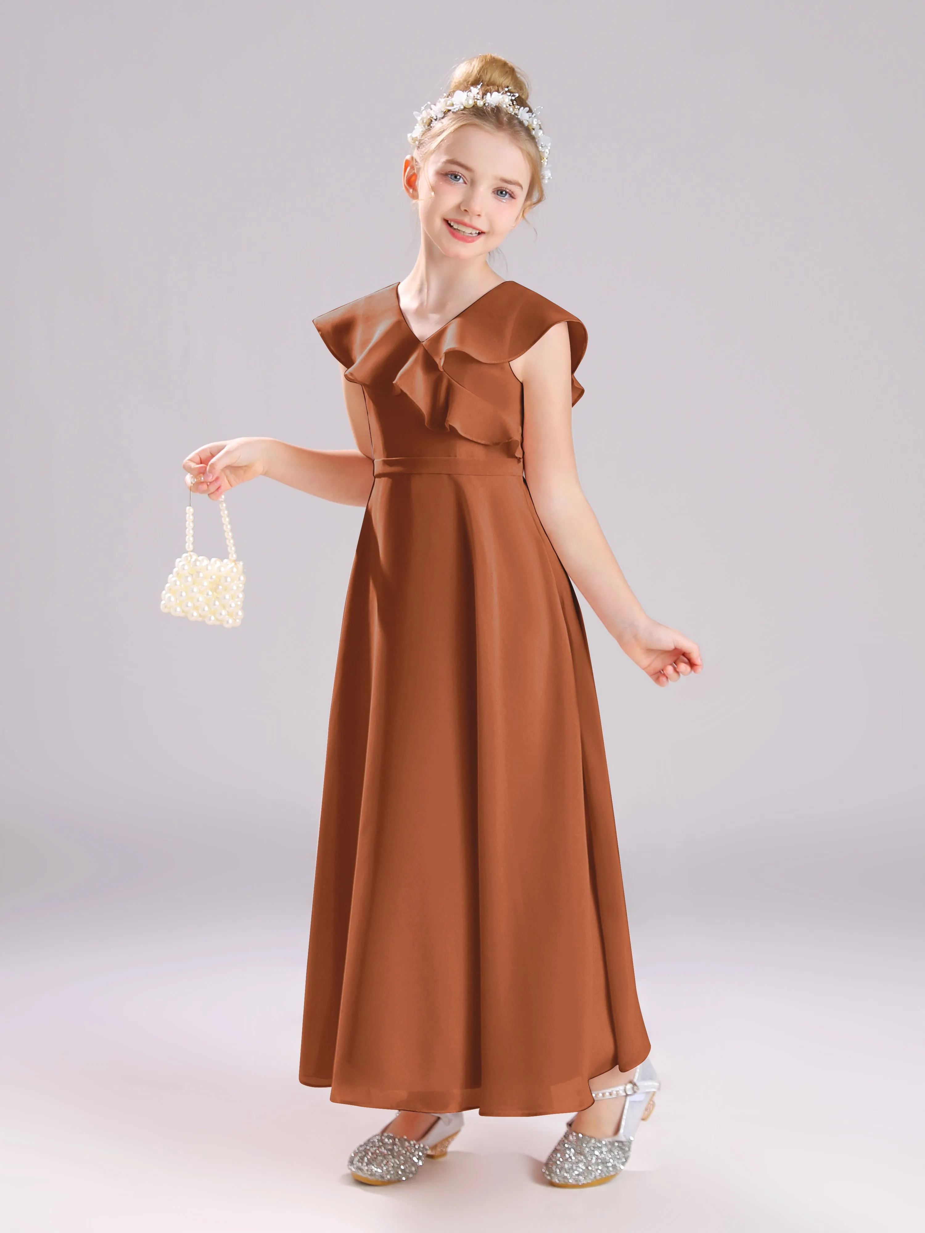 Cap Sleeves V-Neck Open Back Chiffon Junior Bridesmaid Dresses