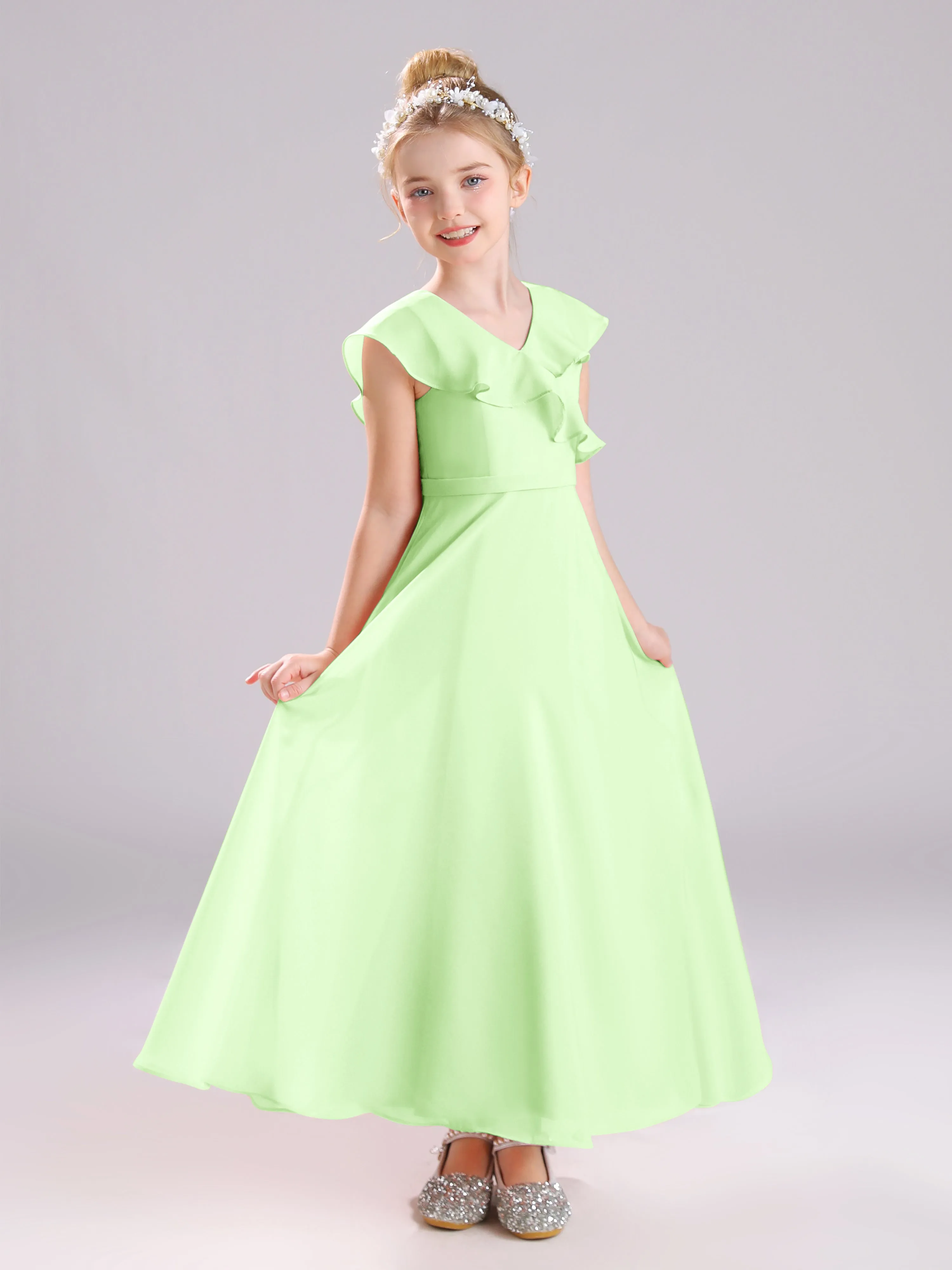 Cap Sleeves V-Neck Open Back Chiffon Junior Bridesmaid Dresses