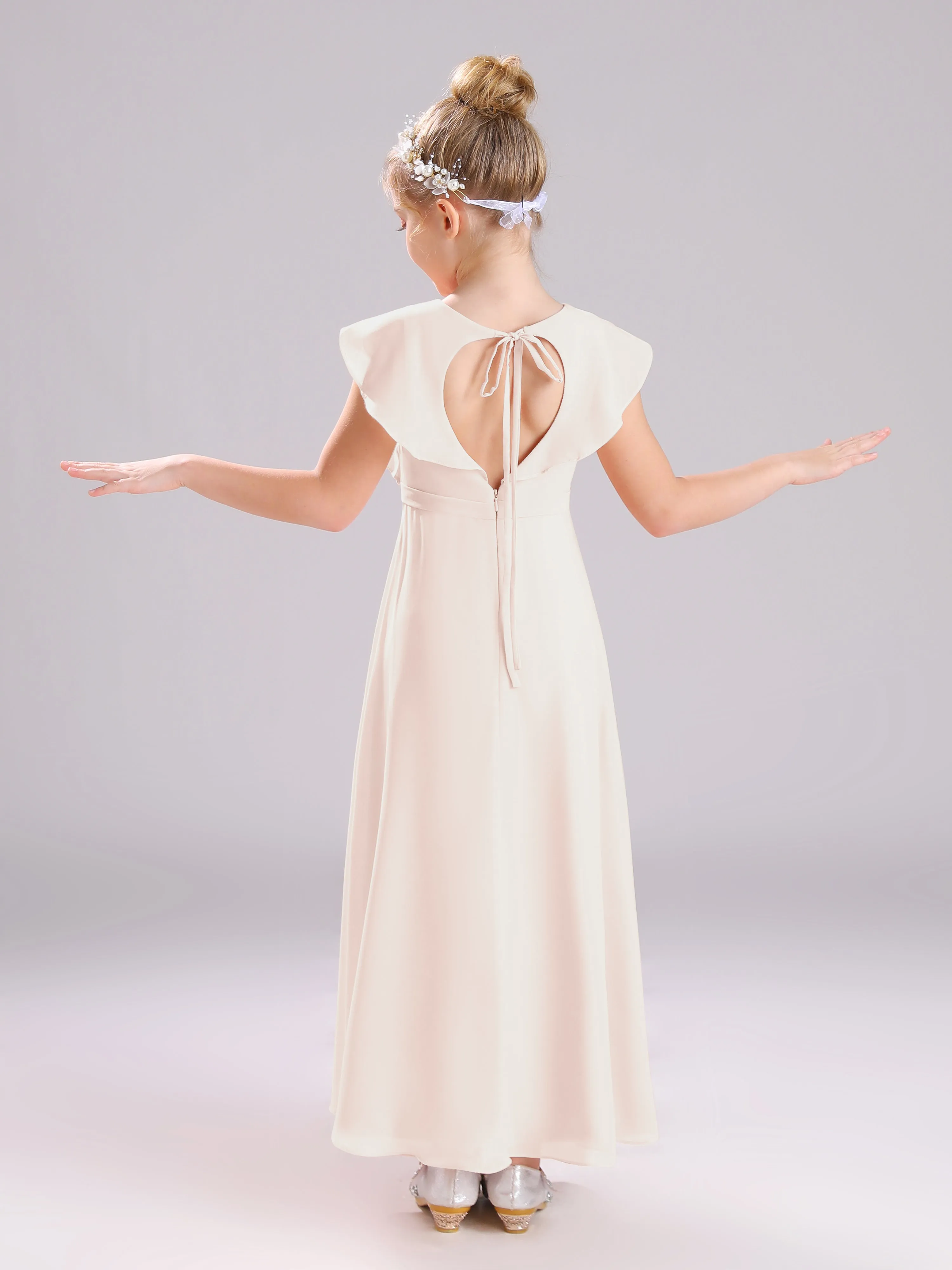 Cap Sleeves V-Neck Open Back Chiffon Junior Bridesmaid Dresses