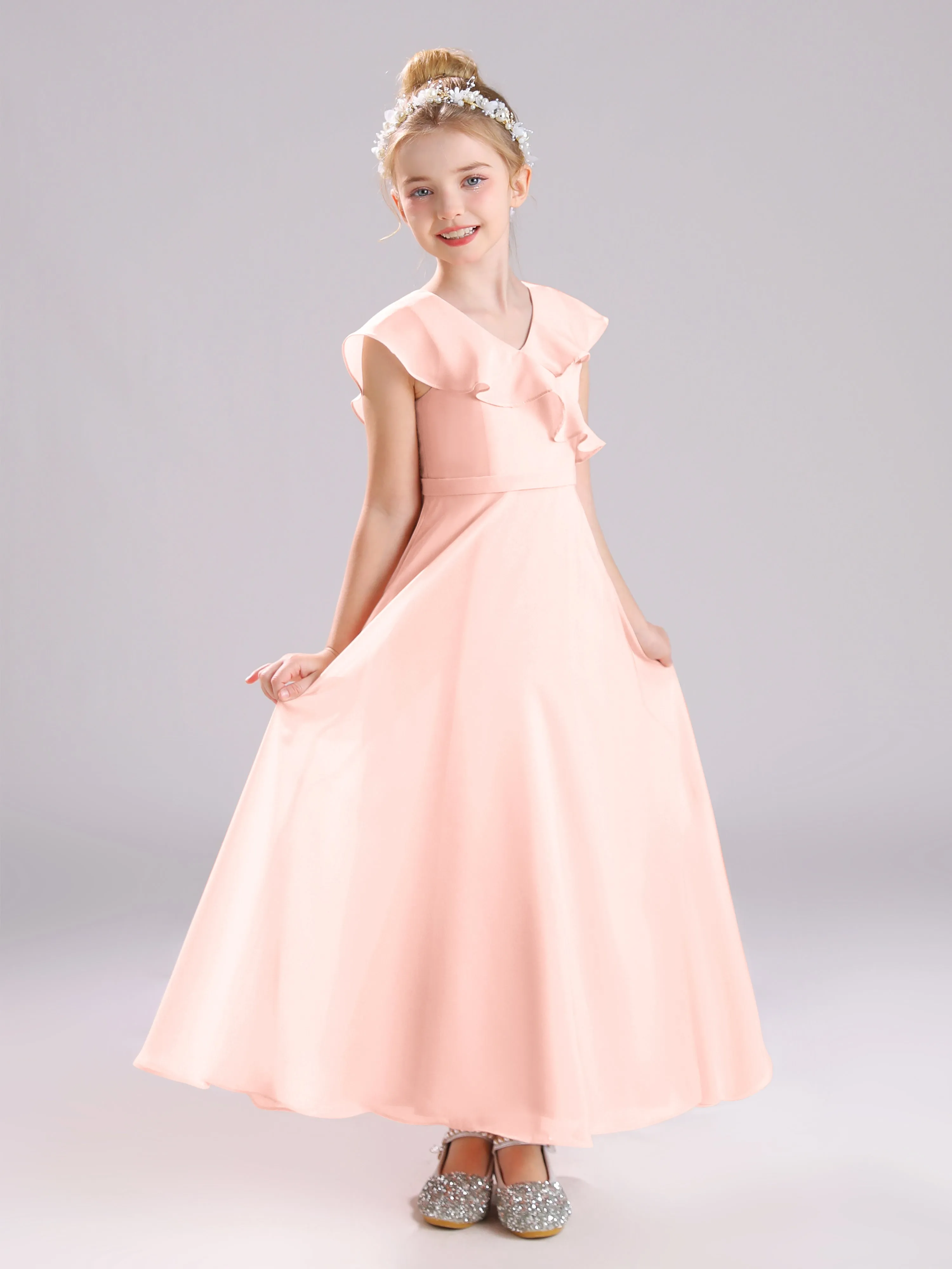 Cap Sleeves V-Neck Open Back Chiffon Junior Bridesmaid Dresses
