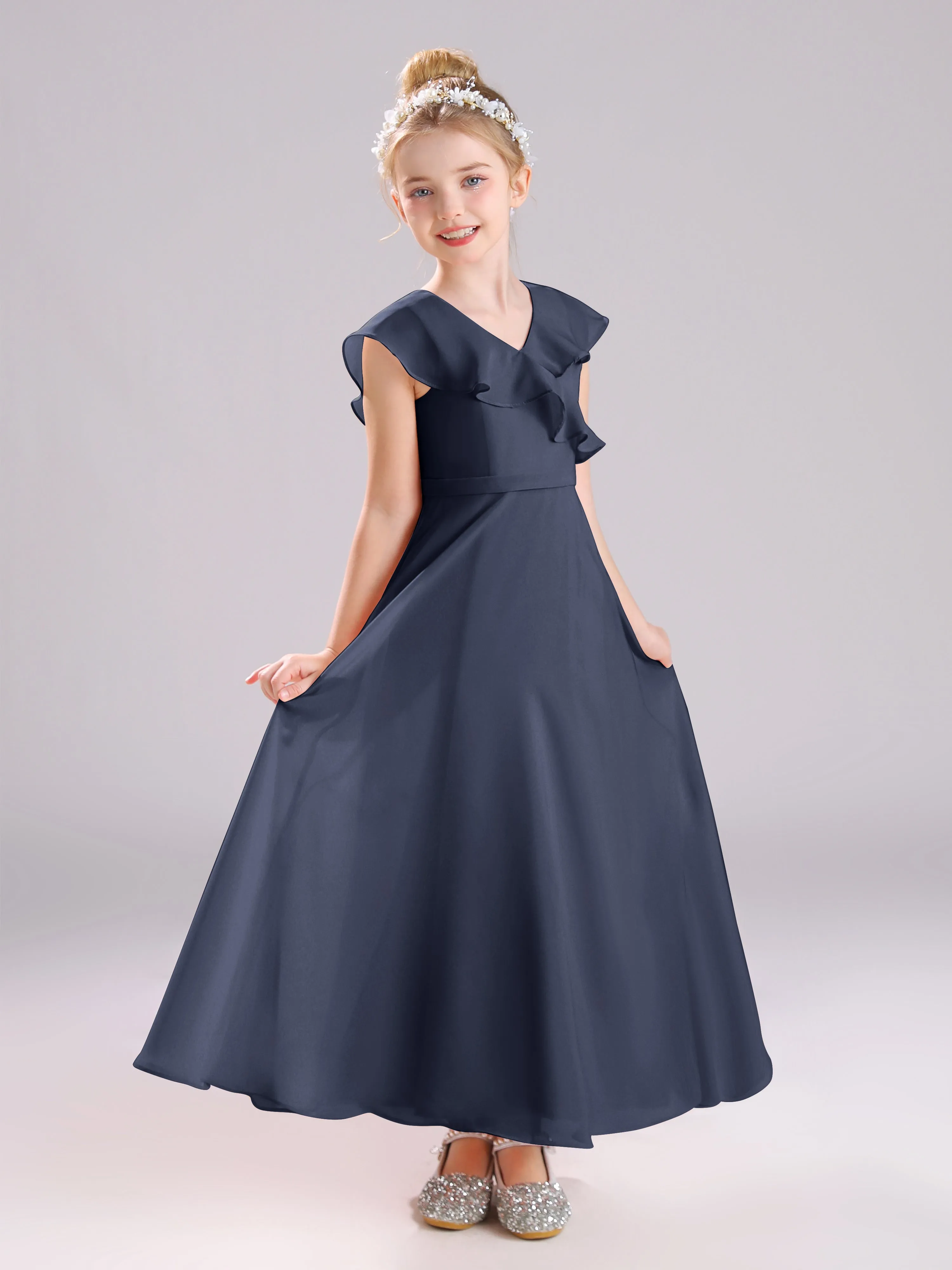Cap Sleeves V-Neck Open Back Chiffon Junior Bridesmaid Dresses