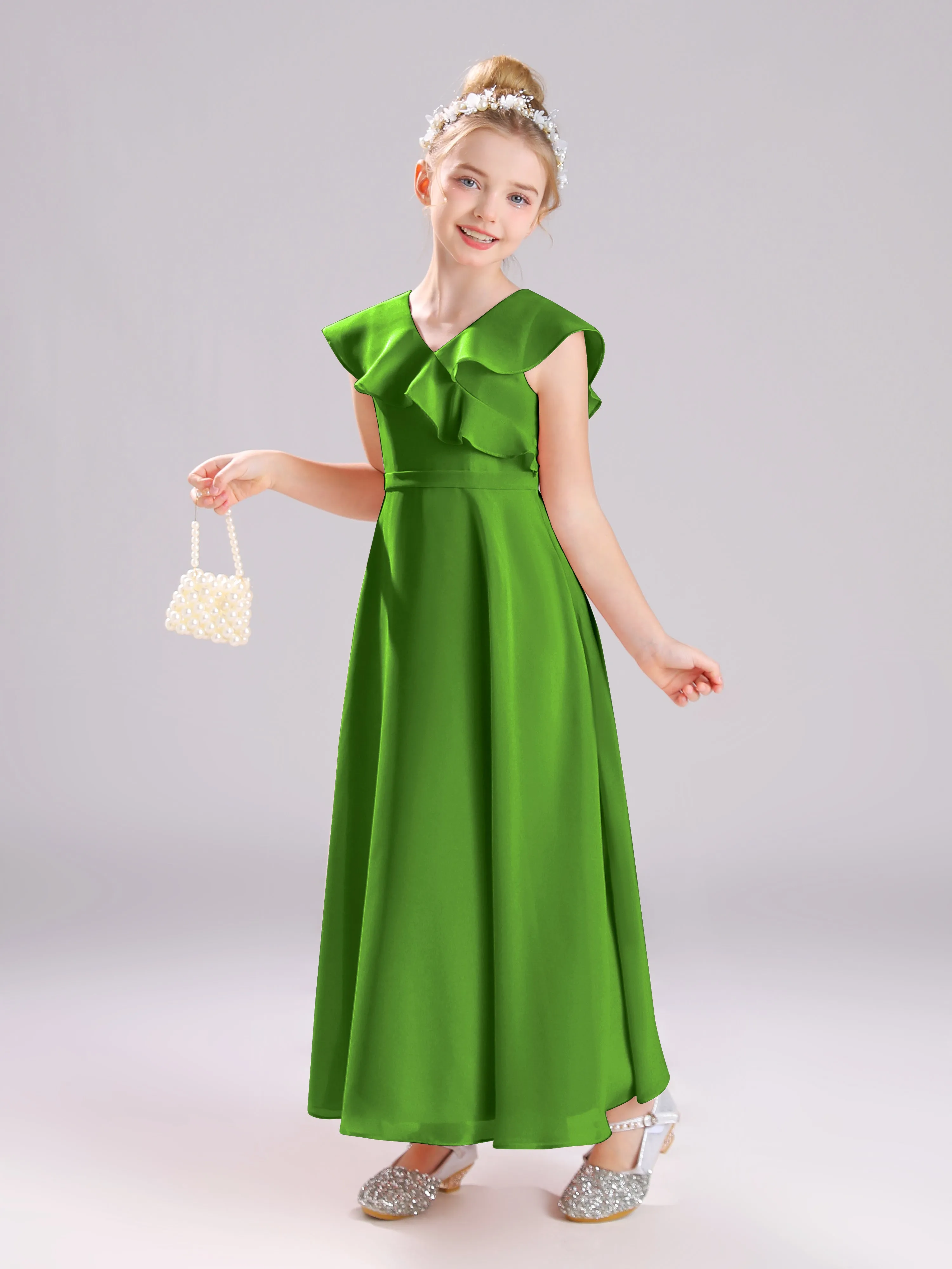 Cap Sleeves V-Neck Open Back Chiffon Junior Bridesmaid Dresses